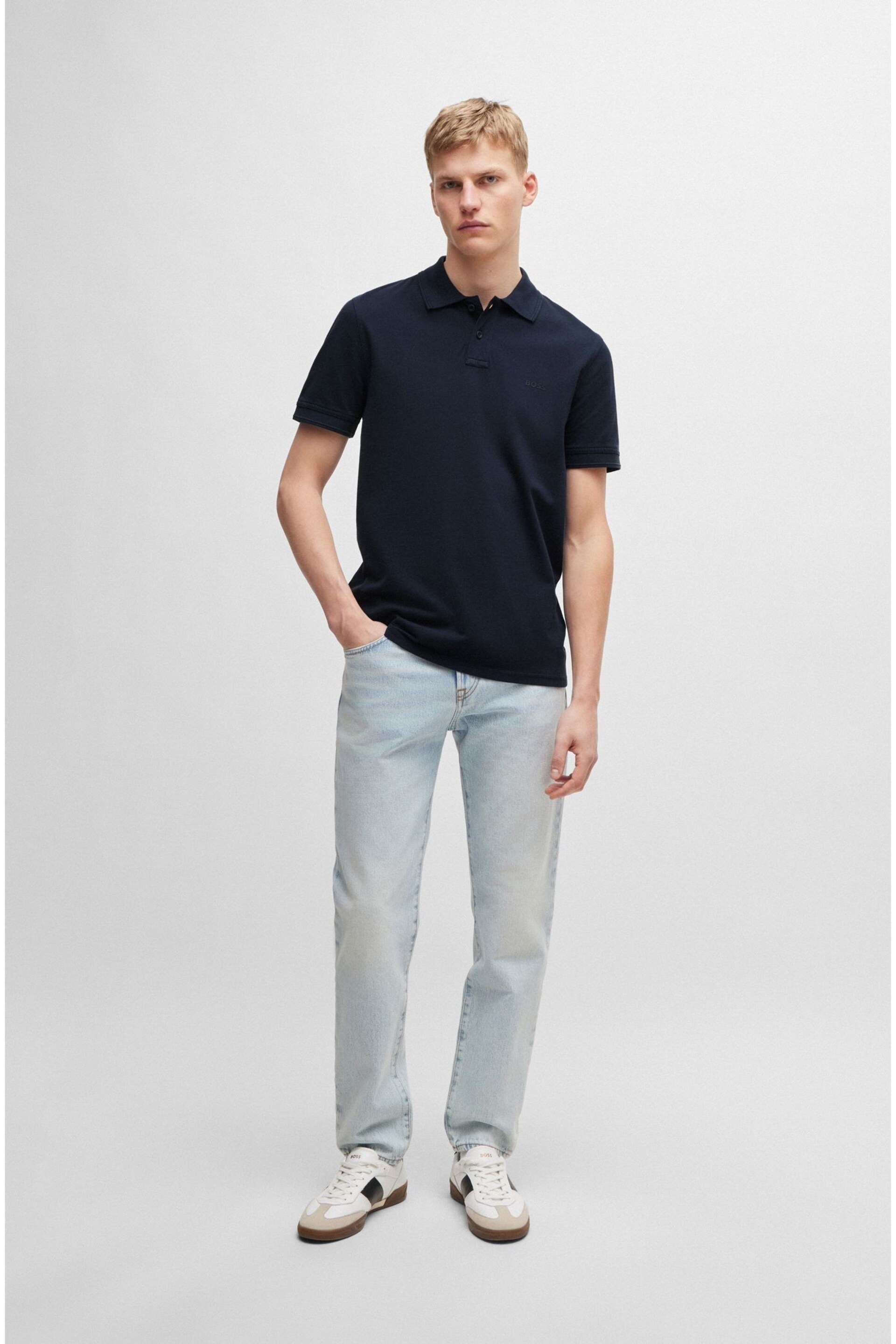 BOSS Blue Cotton Pique Polo Shirt - Image 3 of 5