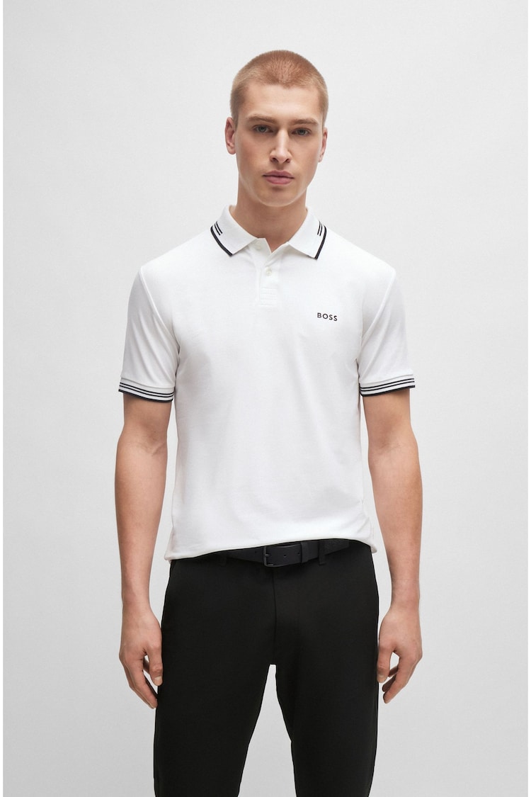 BOSS White Tipped Slim Fit Stretch Cotton Polo Shirt - Image 1 of 5