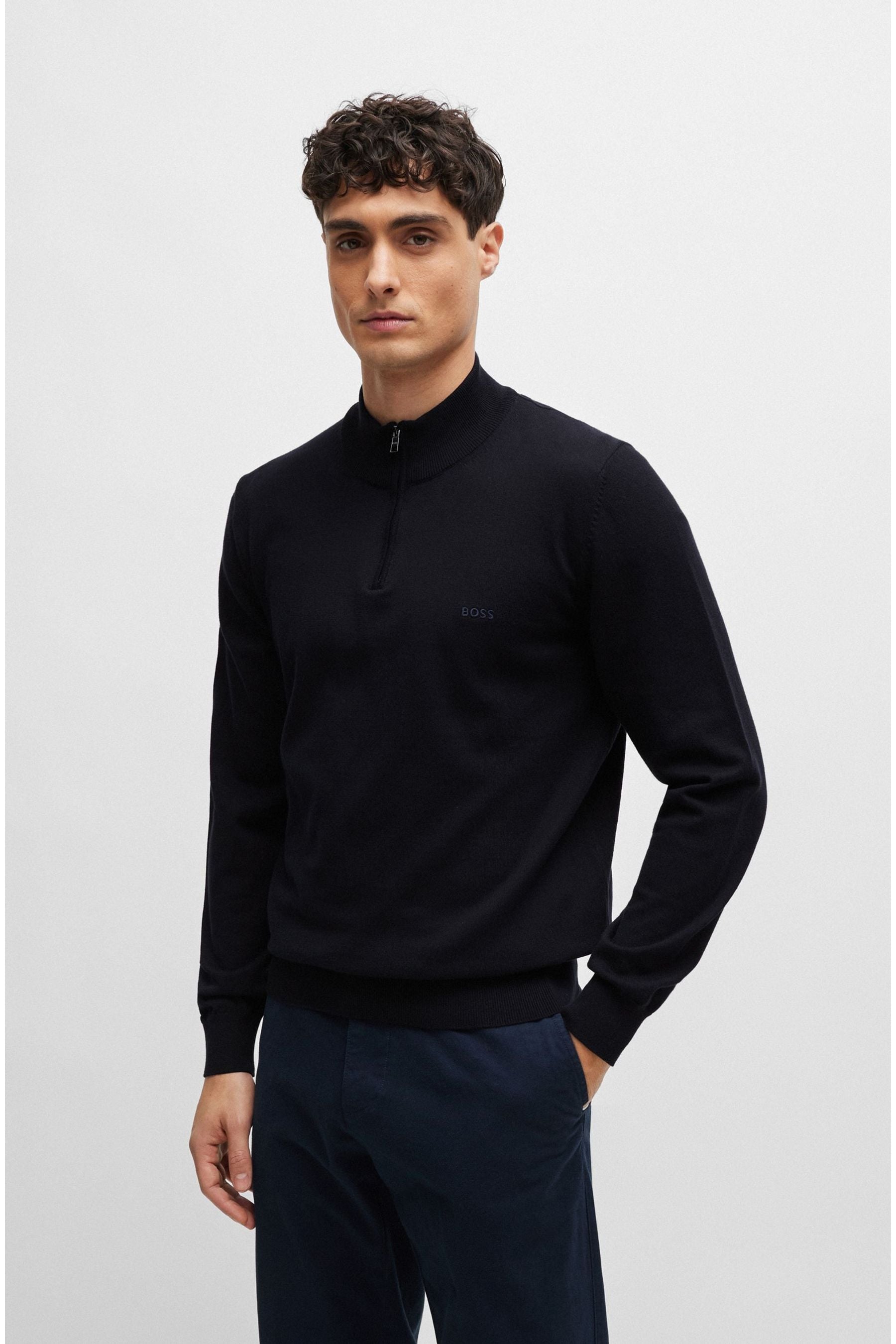 Buy BOSS Dark Blue Cotton Jersey Zip Neck Sweater from Next Luxembourg