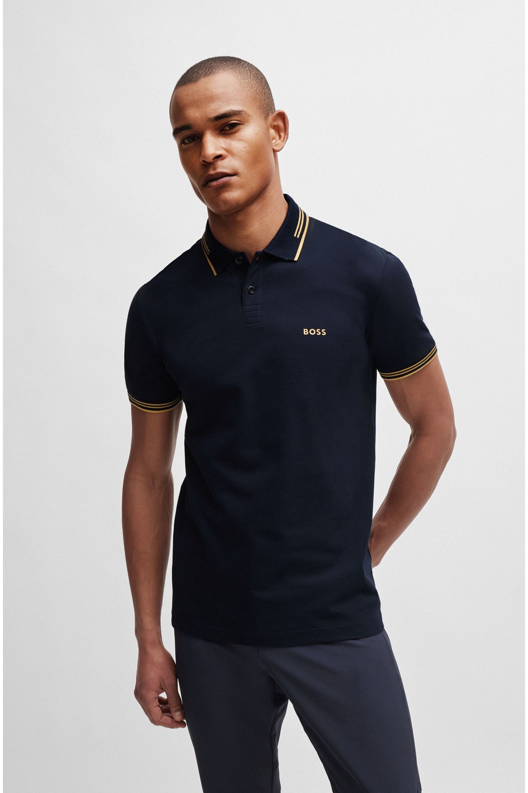 Buy BOSS Dark Blue Tipped Slim Fit Stretch Cotton Polo Shirt from Next USA