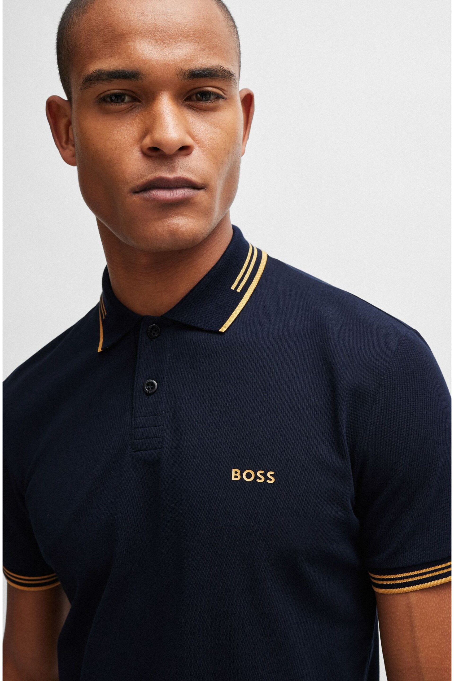 BOSS Dark Blue Tipped Slim Fit Stretch Cotton Polo Shirt - Image 1 of 5