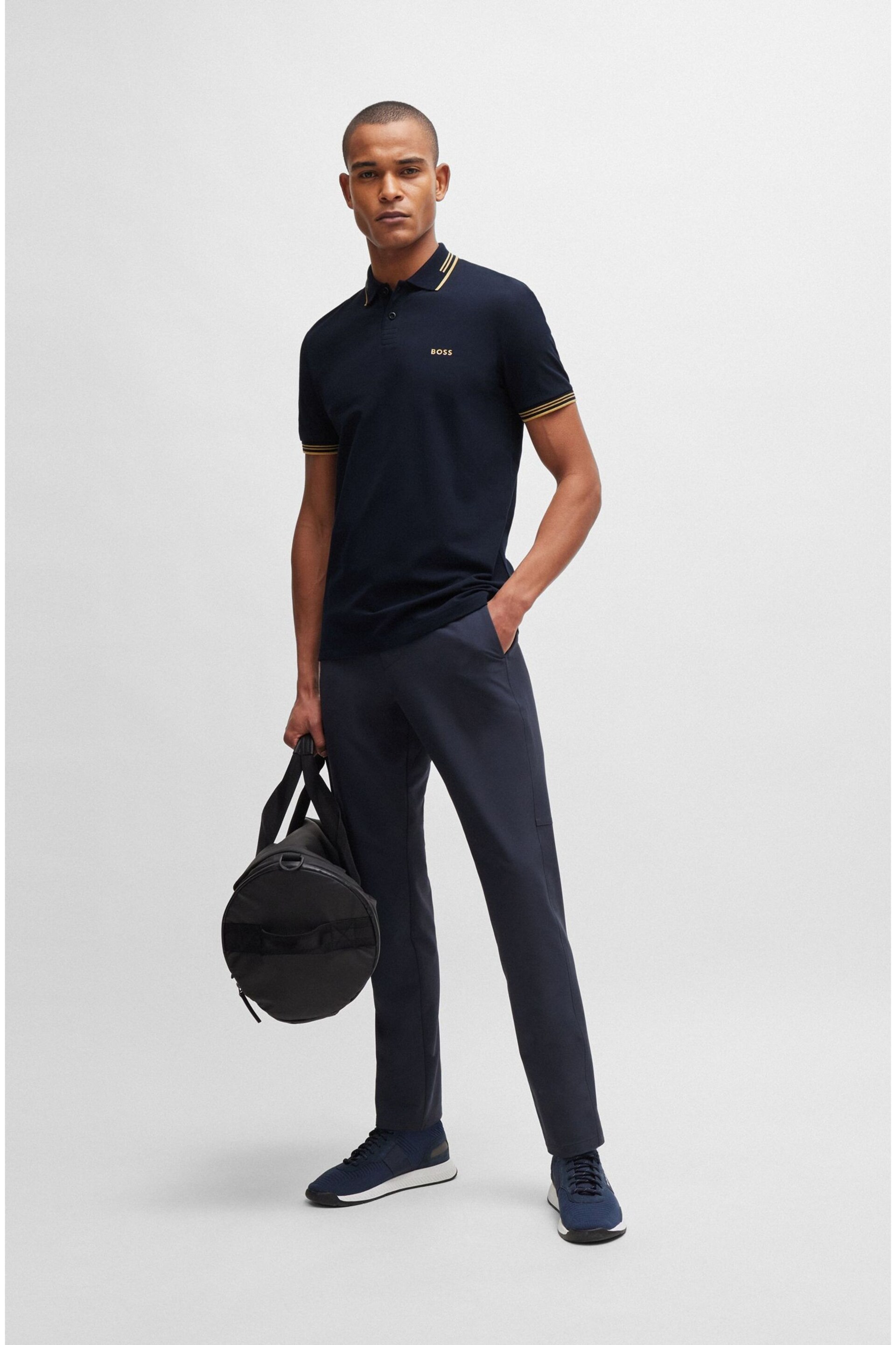 BOSS Dark Blue Tipped Slim Fit Stretch Cotton Polo Shirt - Image 4 of 5