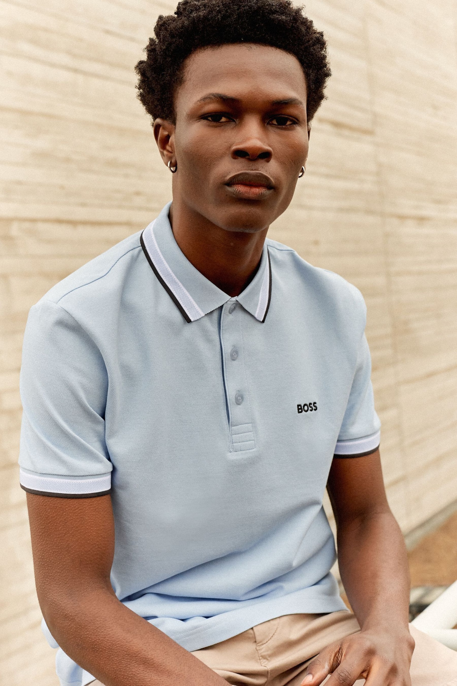 BOSS Light Blue/Black Tipping Paddy Polo Pink Cream Shirt - Image 4 of 8