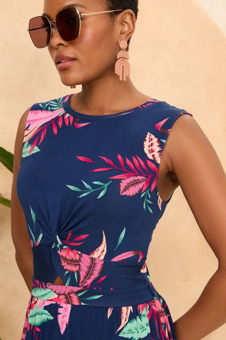 Love & Roses Navy Blue Tropical Knot Front Jersey Sleevless Midi Dress - Image 2 of 4