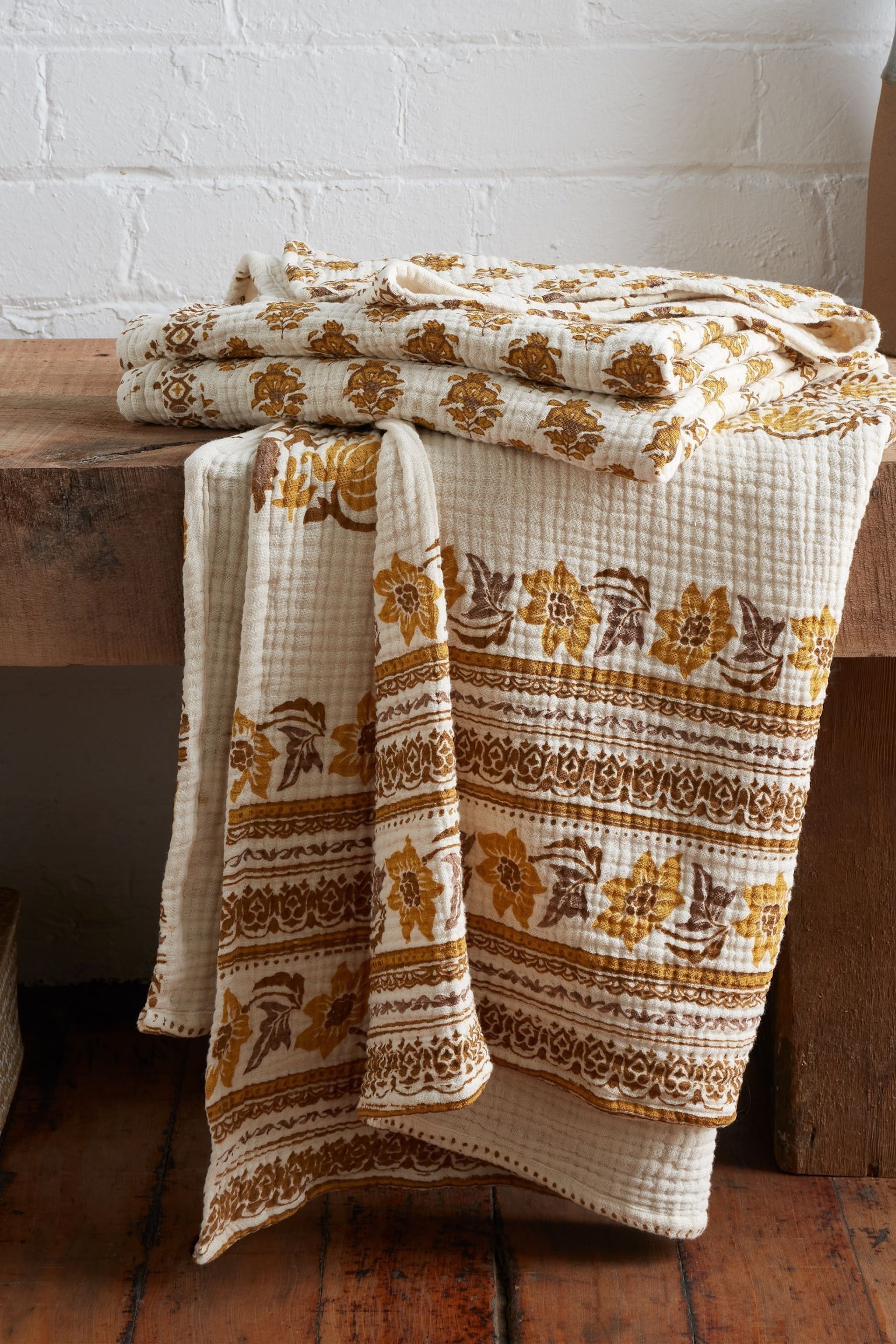 Pineapple Elephant Ochre Yellow Ines Floral Cotton Matelassé Throw - Image 1 of 4