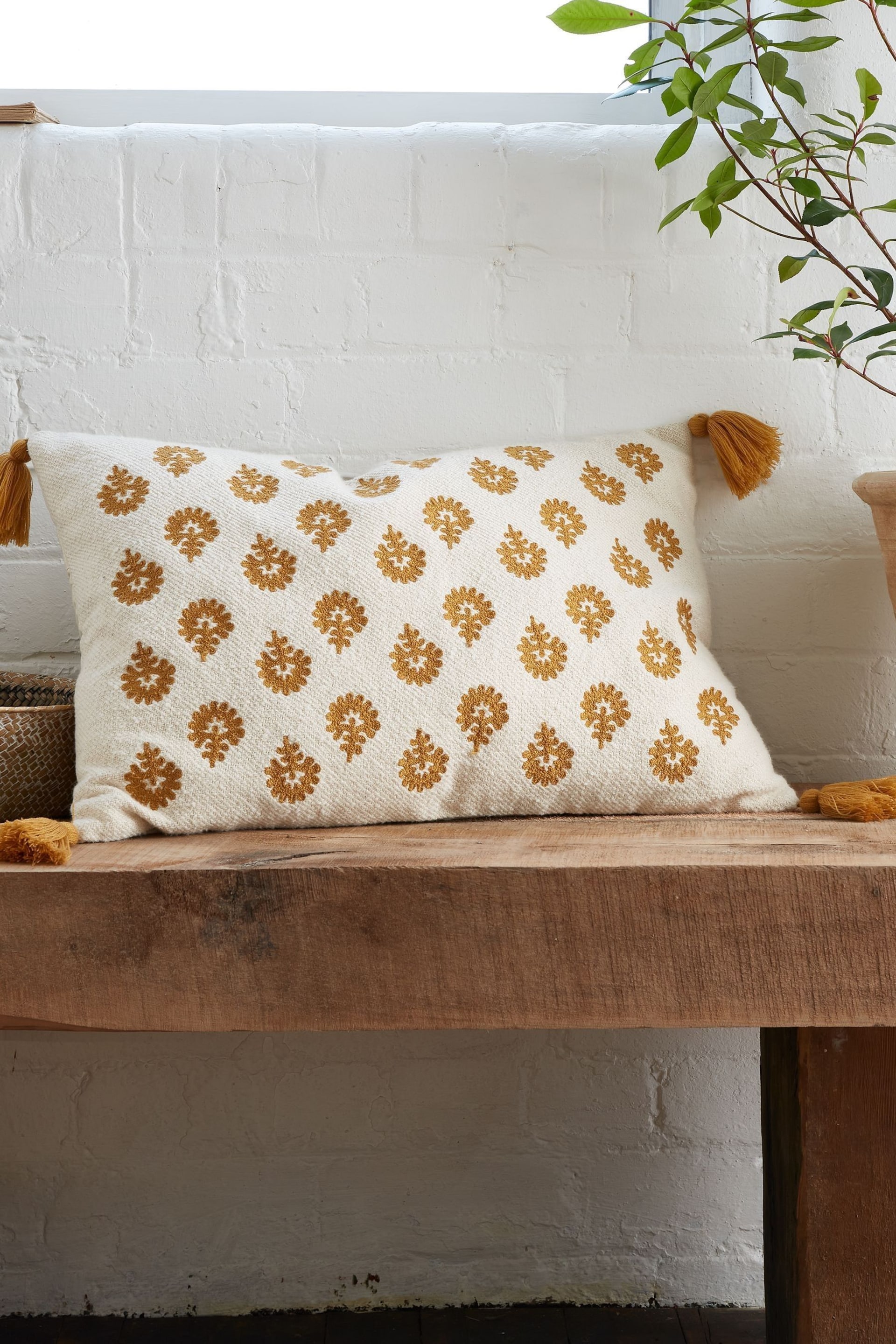 Pineapple Elephant Ochre Yellow Raya Tassel Cotton Cushion - Image 1 of 5