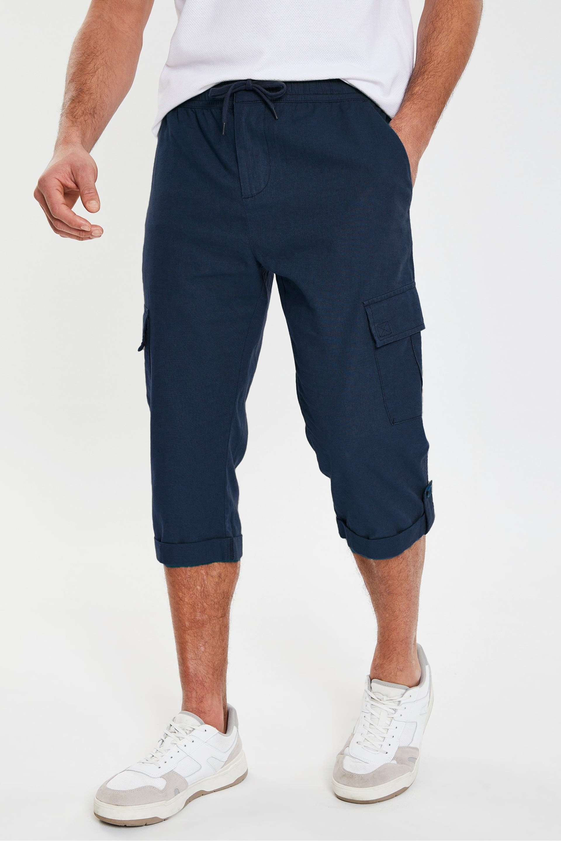Threadbare Blue 3/4 Length Linen Blend Pull-On Cargo Trousers - Image 1 of 4