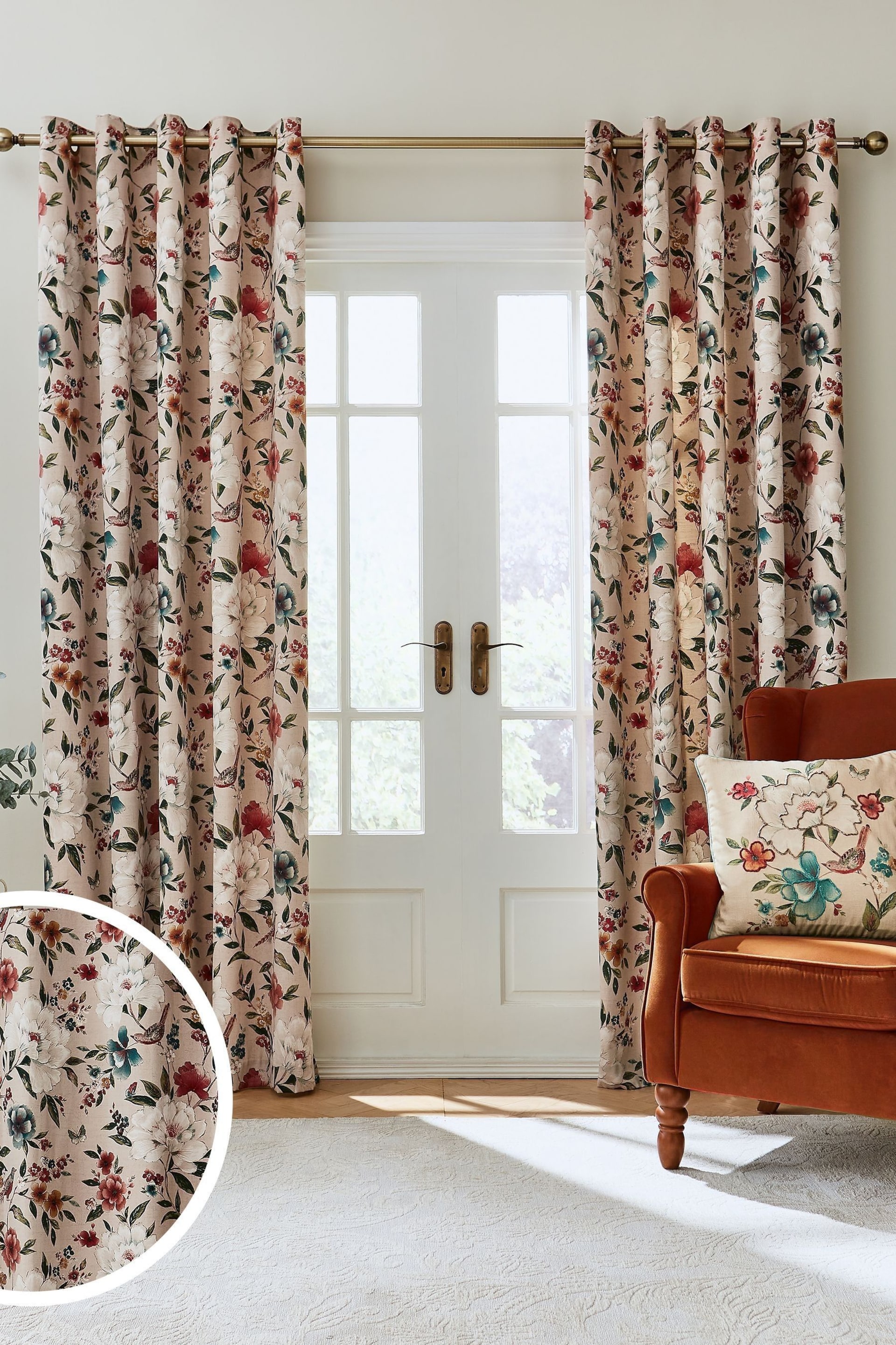 Catherine Lansfield Natural Pippa Floral Birds Lined Eyelet Curtains - Image 1 of 4