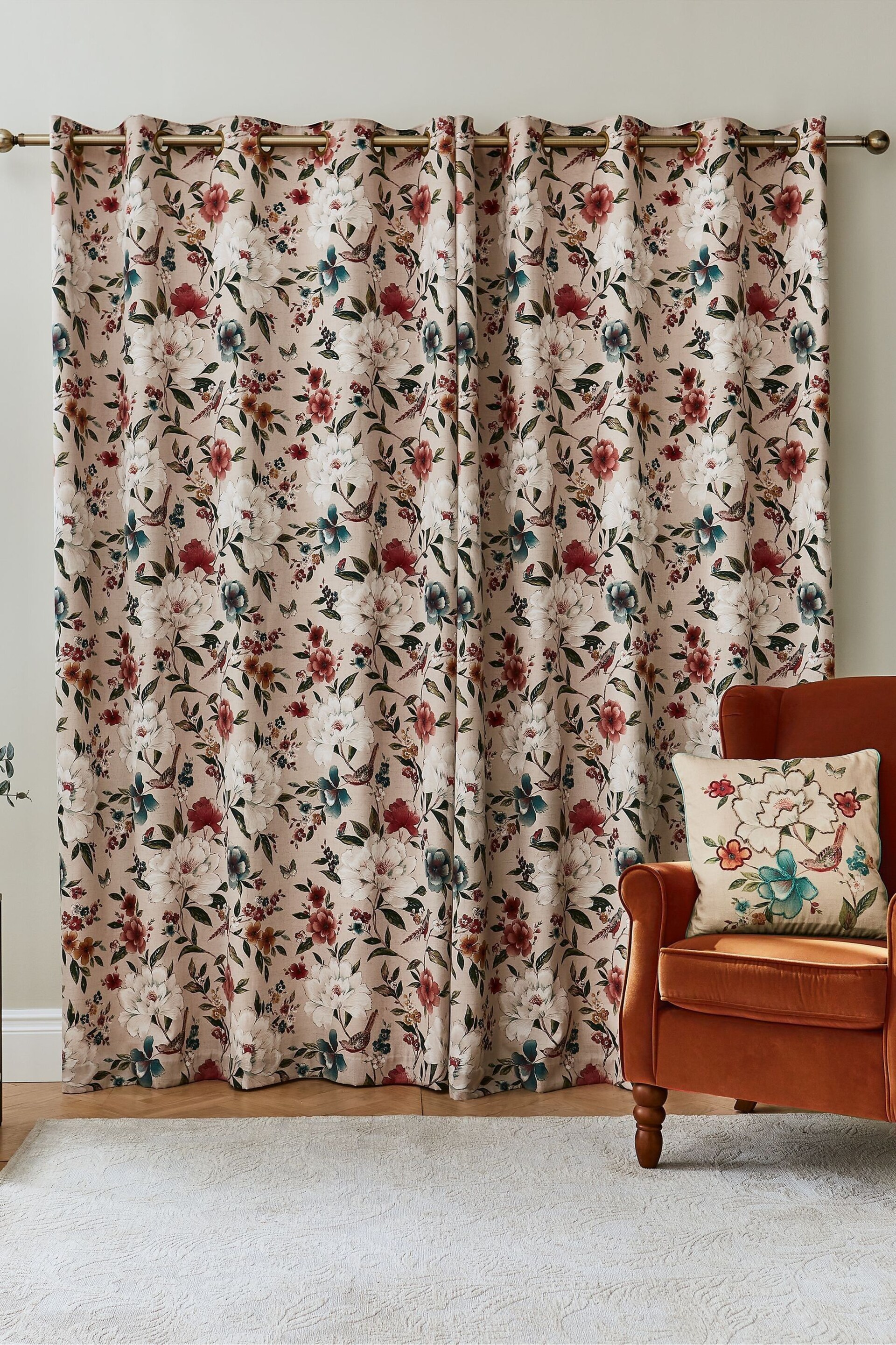 Catherine Lansfield Natural Pippa Floral Birds Lined Eyelet Curtains - Image 3 of 4