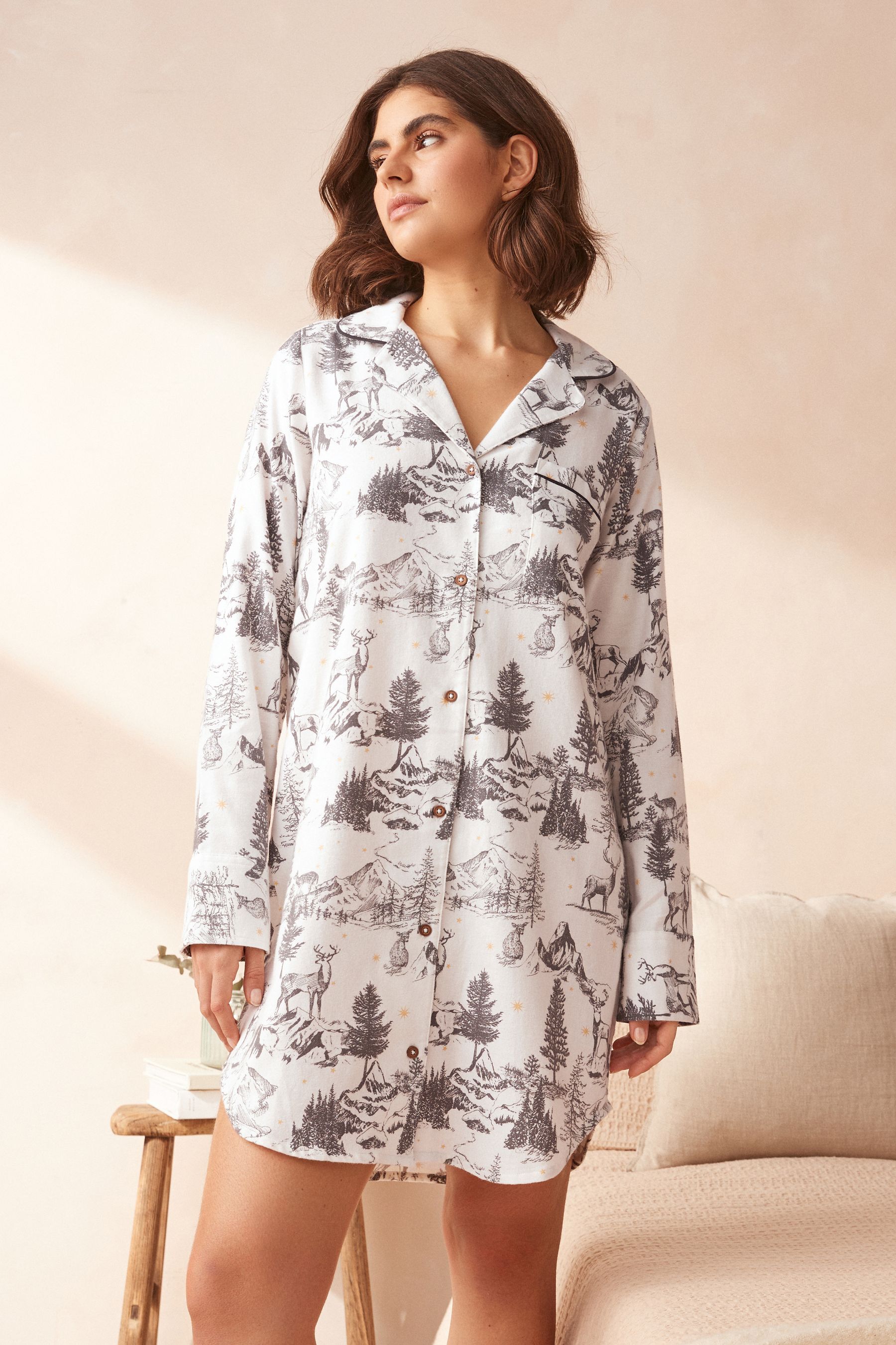 Ecru Reindeer Matching Family Womens 100 Cotton Christmas Flannel Night Shirt
