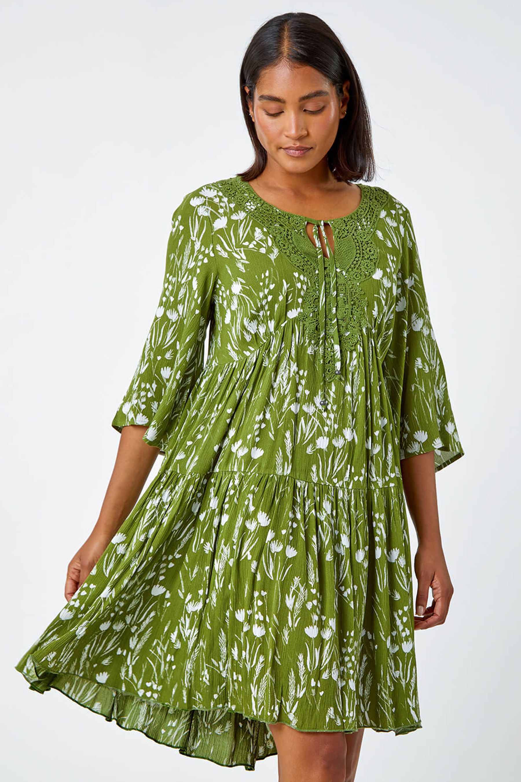 Buy Roman Green Floral Print Lace Detail Smock Dress from the Next UK online shop