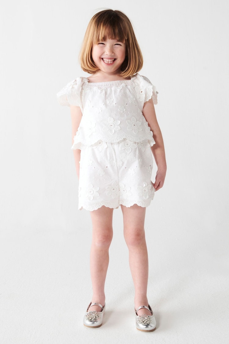 River Island White Mini Girls White Broderie Bardot Playsuit - Image 1 of 4