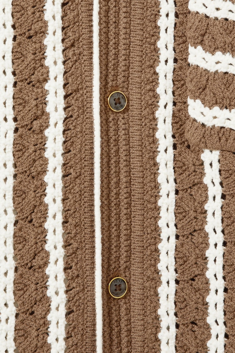 Reiss Camel/White Spritz Oversized Crochet Striped Cuban Collar Shirt - Image 5 of 5