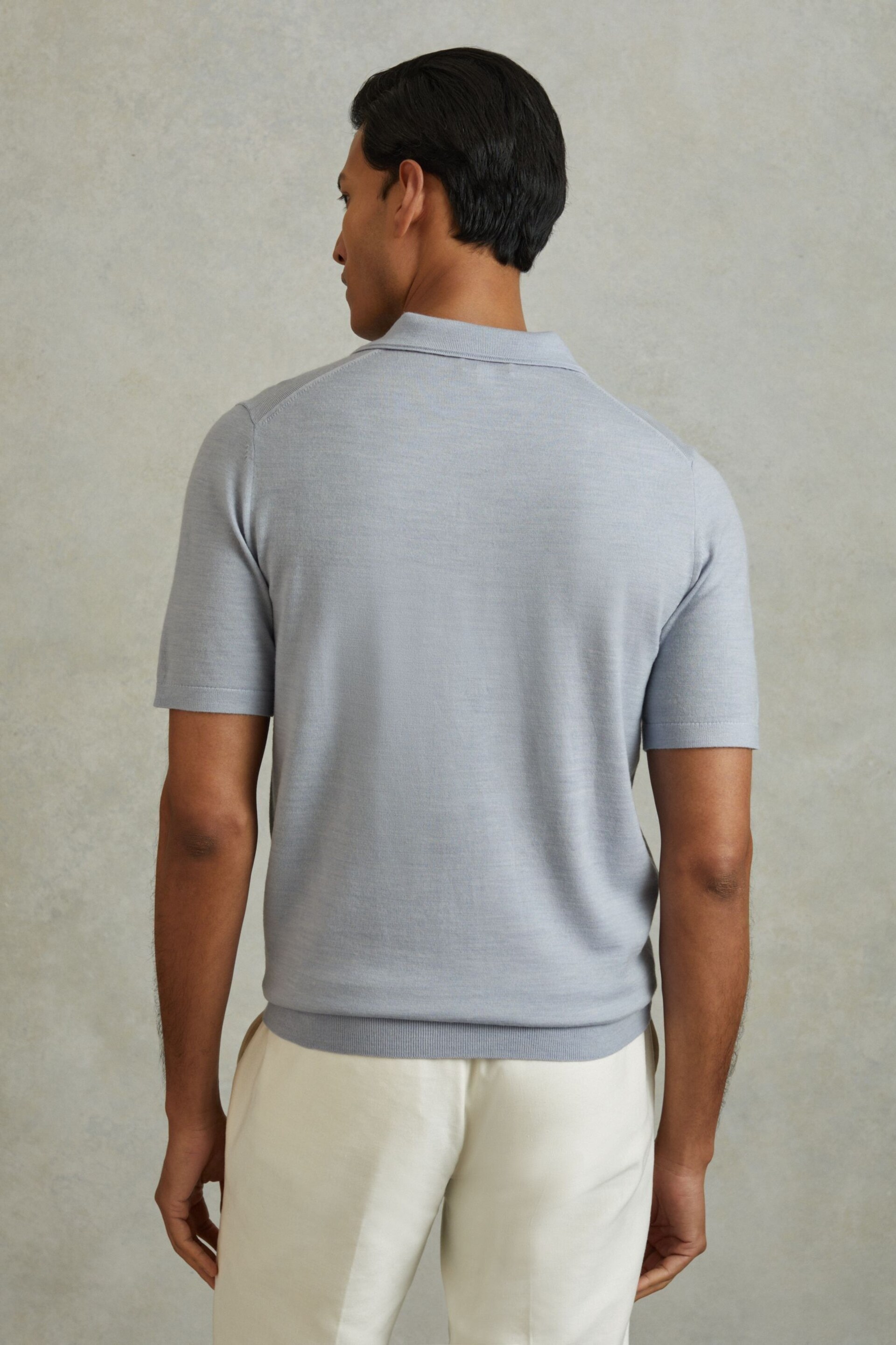 Reiss Soft Blue Melange Manor Merino Wool Polo Shirt - Image 4 of 5