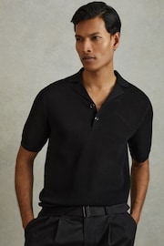 Reiss Black Charlie Open-Stitch Cuban-Collar Polo Shirt - Image 1 of 5