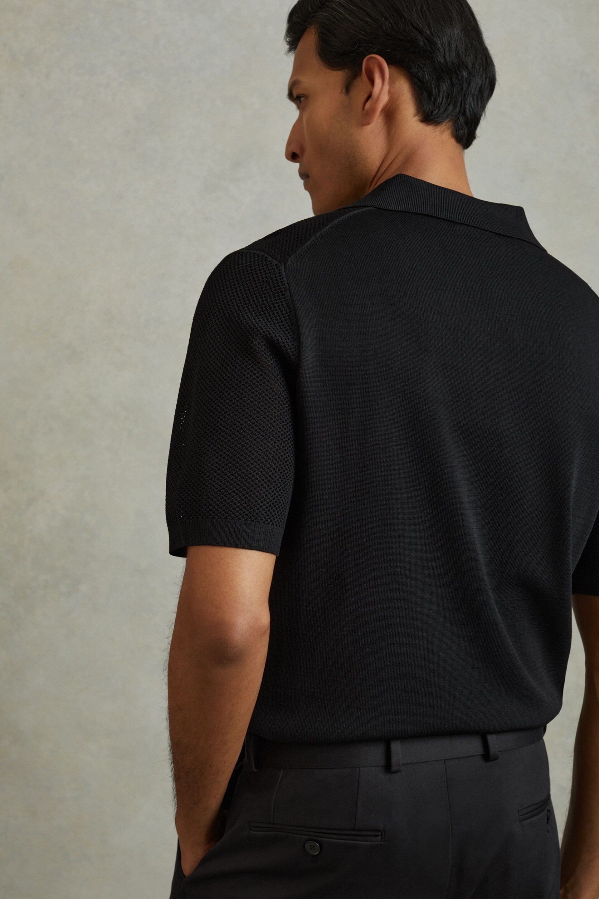 Reiss Black Charlie Open-Stitch Cuban-Collar Polo Shirt - Image 4 of 5