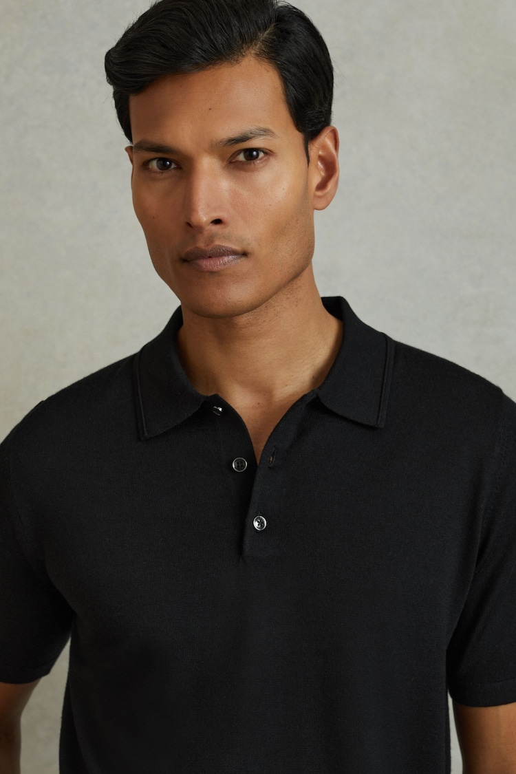 Reiss Black Manor Merino Wool Polo Shirt - Image 1 of 6