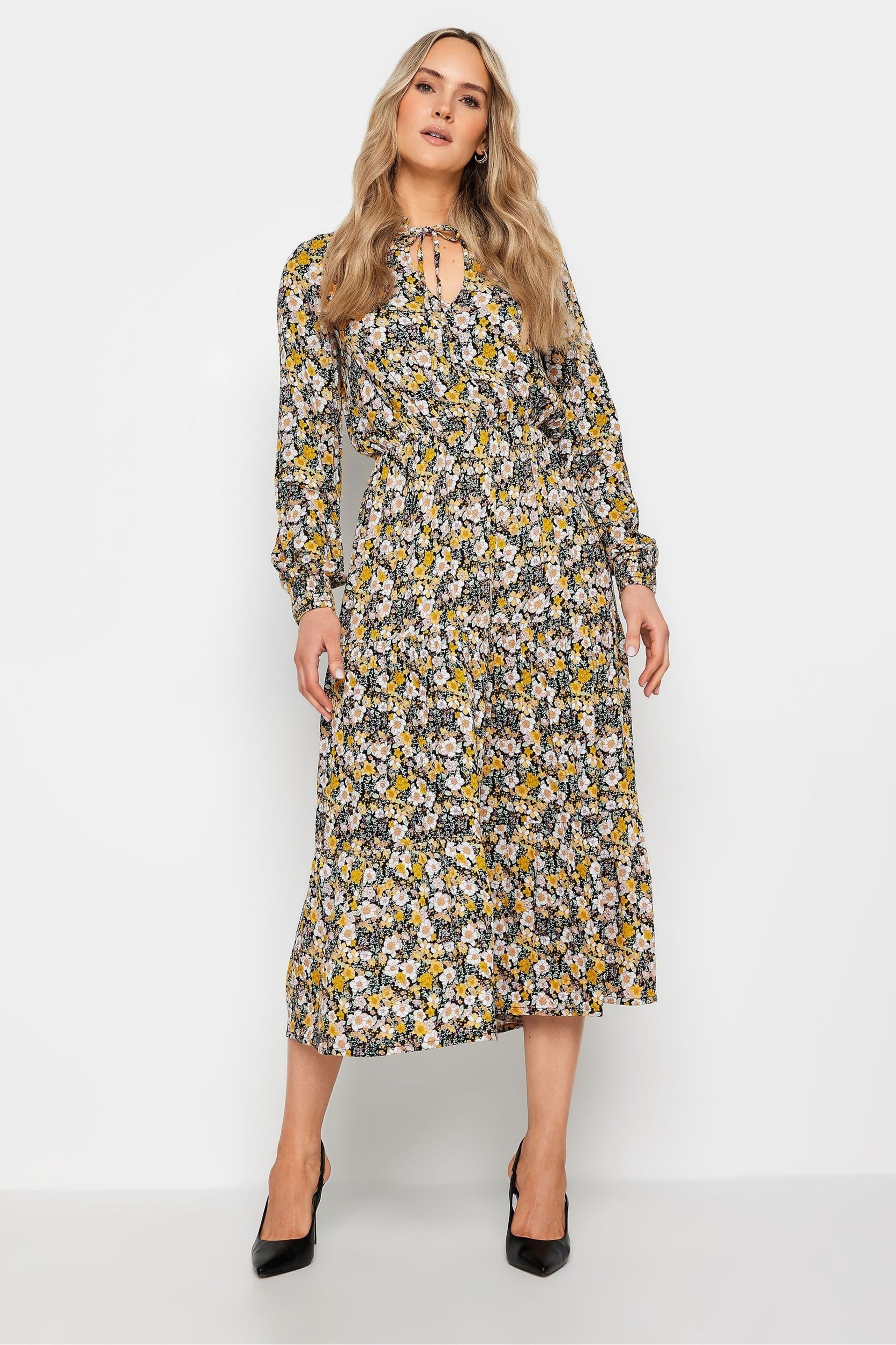 Long Tall Sally Black & Yellow Tie Neck Midi Dress - Image 2 of 4