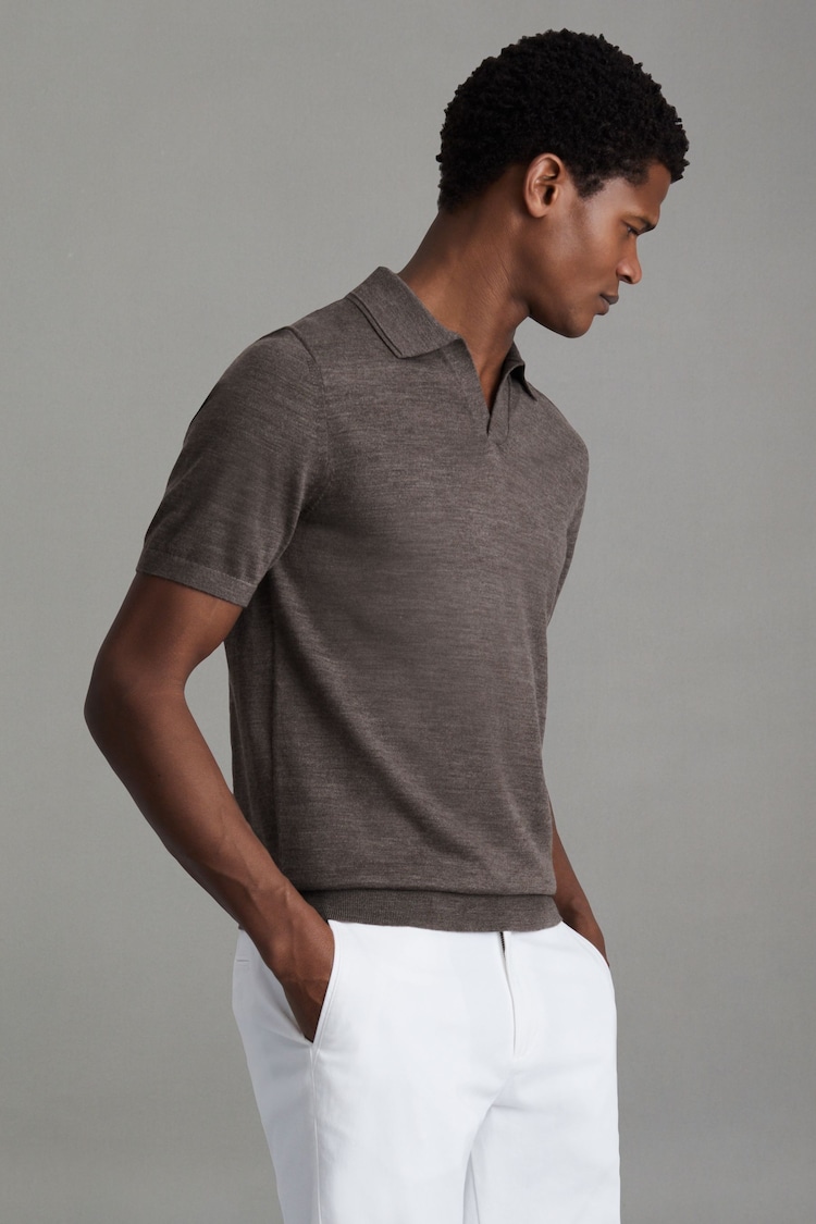 Reiss Dark Brown Melange Duchie Merino Wool Open Collar Polo Shirt - Image 1 of 5