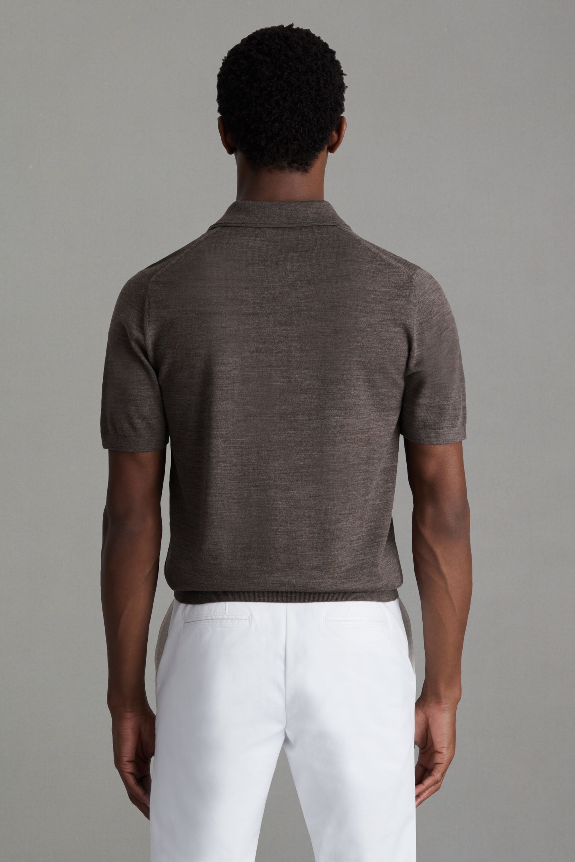 Reiss Dark Brown Melange Duchie Merino Wool Open Collar Polo Shirt - Image 4 of 5