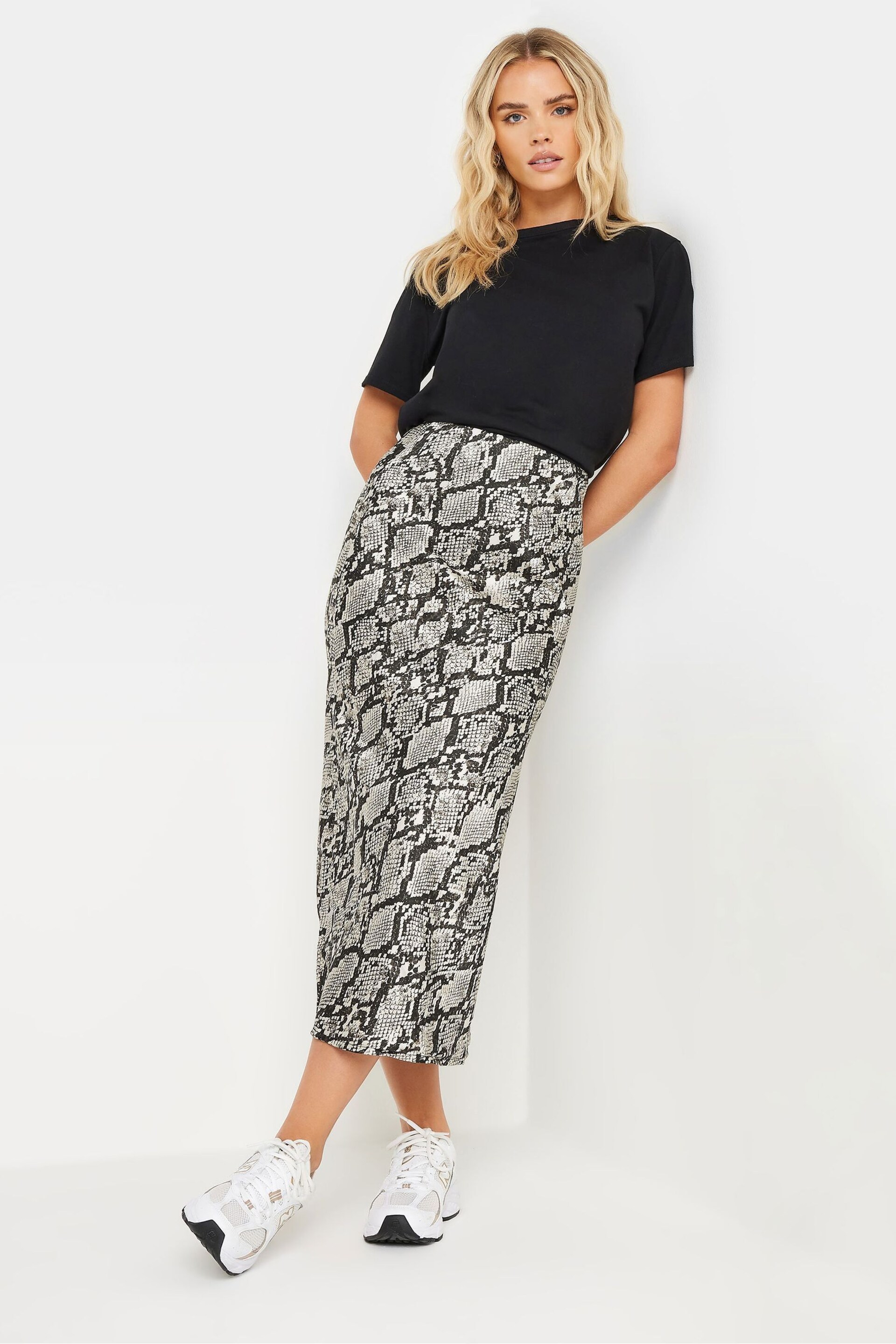 PixieGirl Petite Black Snake Print Satin Midaxi Skirt - Image 1 of 6