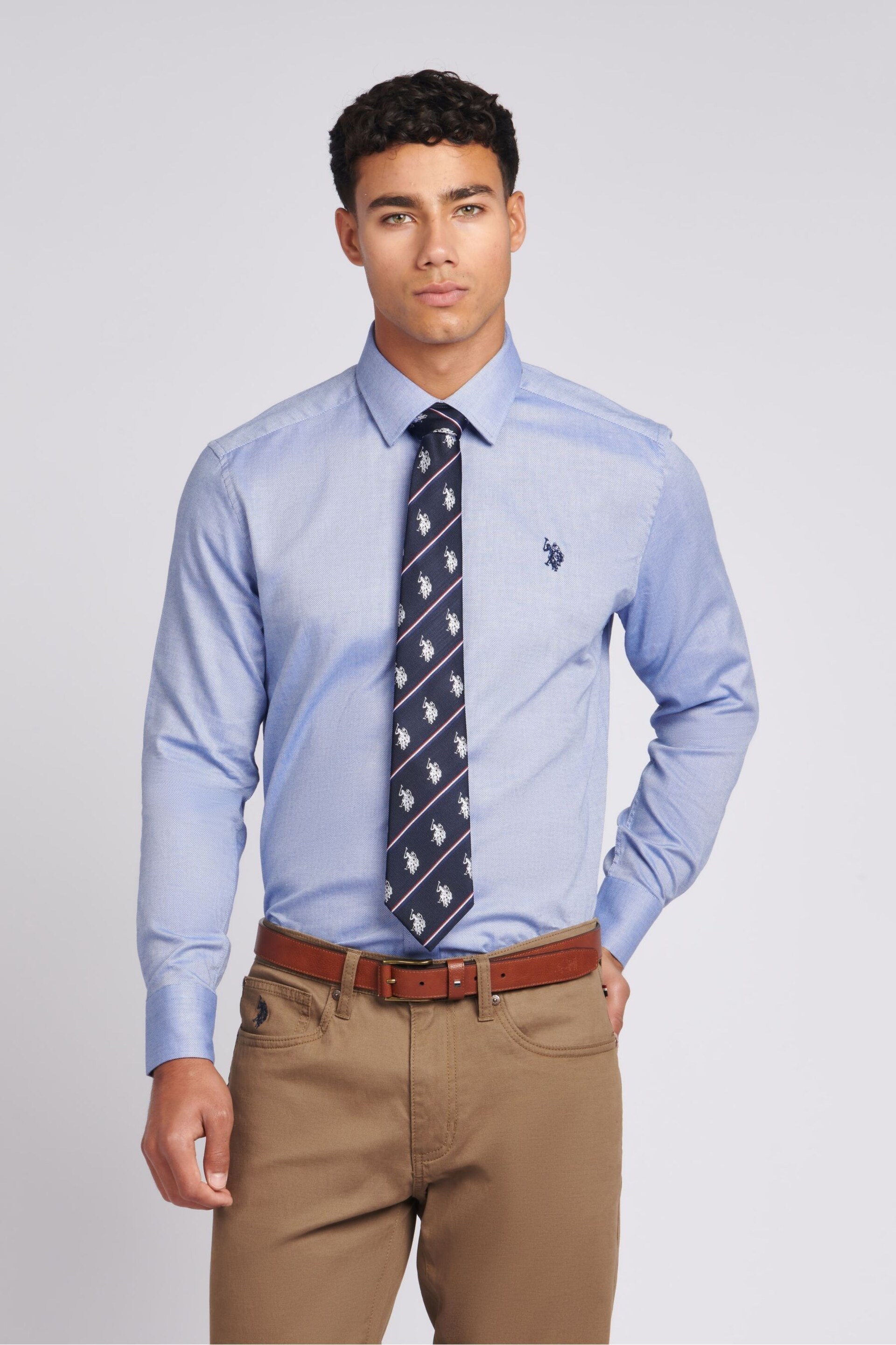 U.S. Polo Assn. Mens Blue Long Sleeve Dobby Texture Shirt - Image 1 of 7