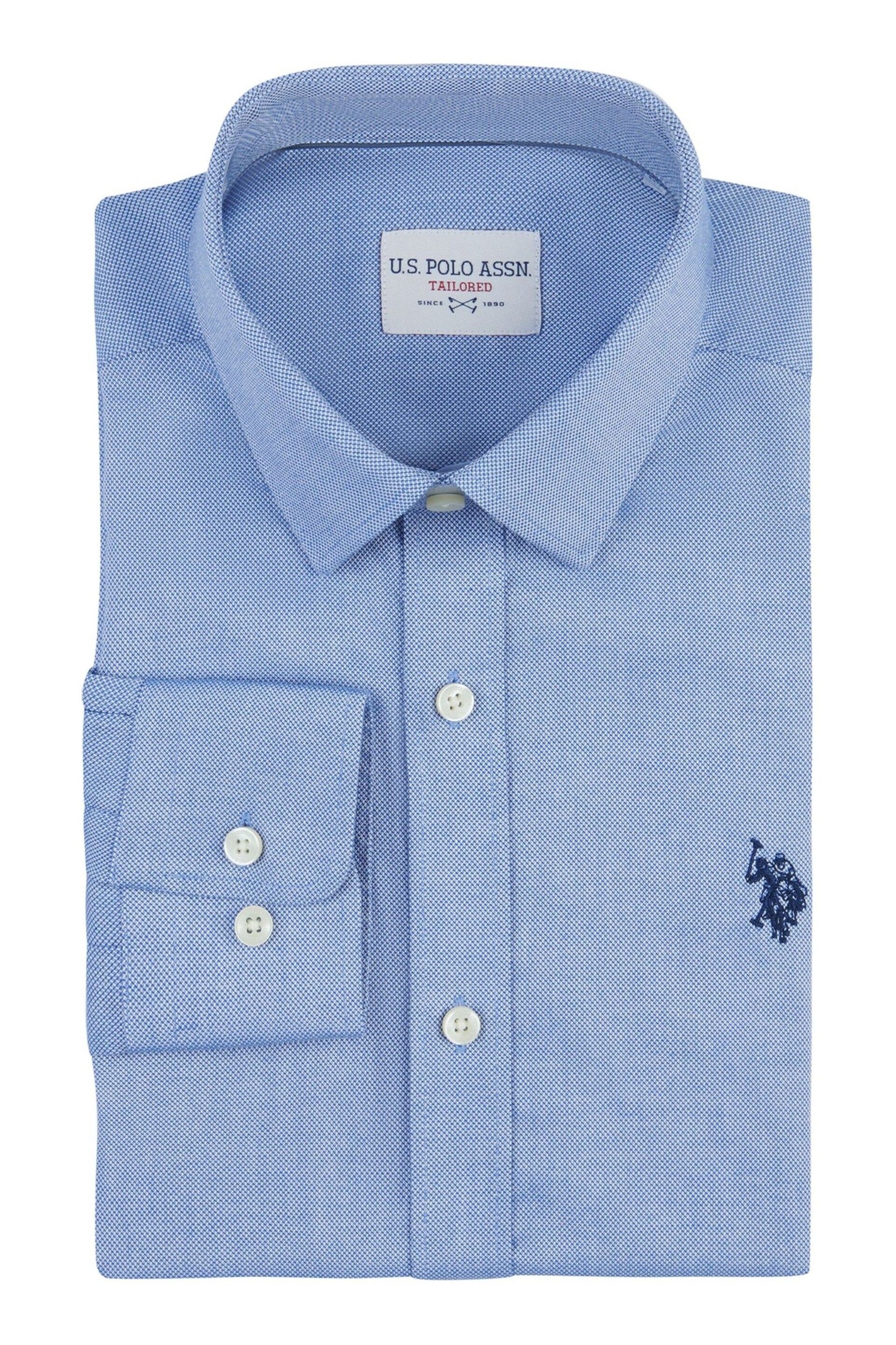 U.S. Polo Assn. Mens Blue Long Sleeve Dobby Texture Shirt - Image 5 of 7