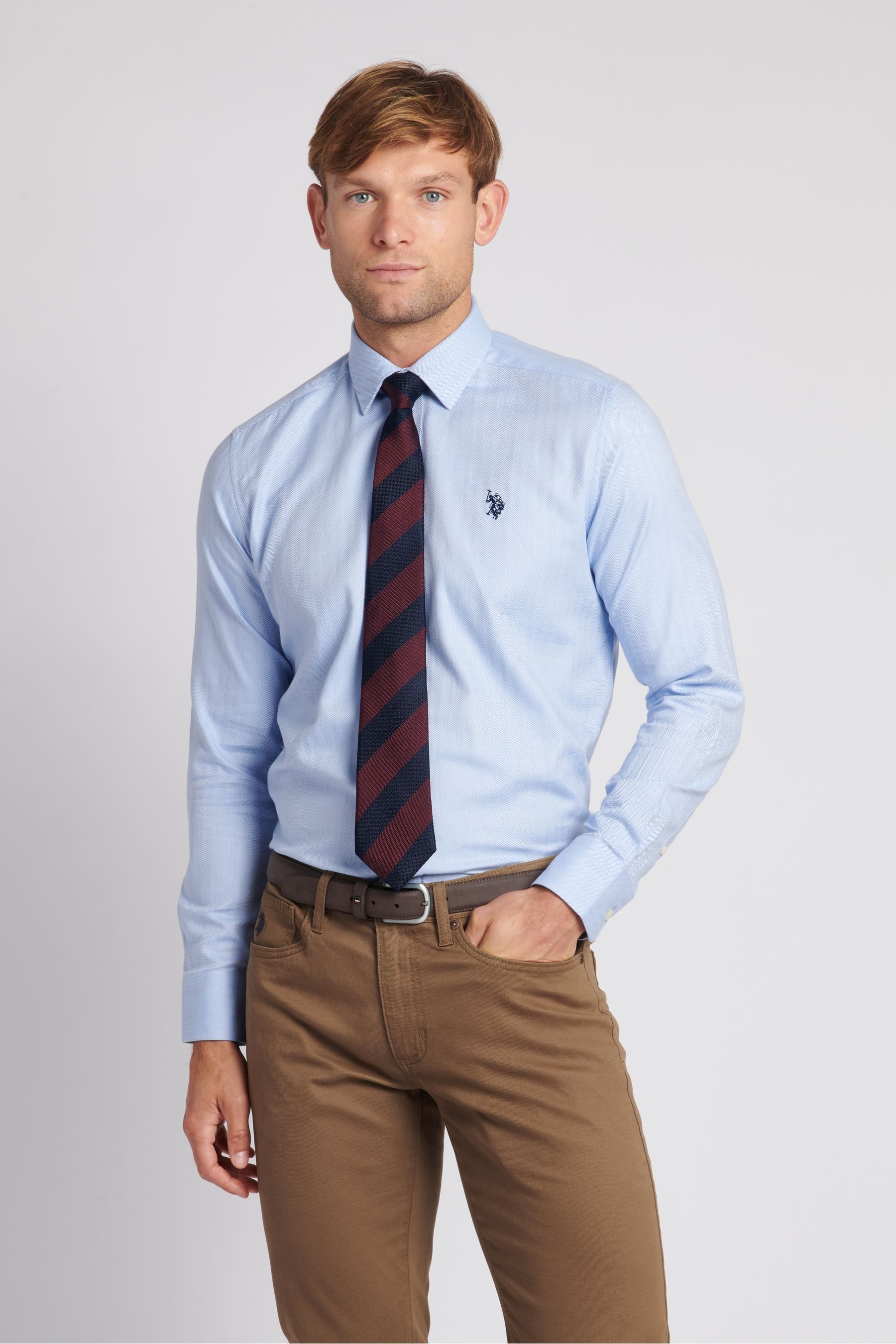 Buy U.S. Polo Assn. Blue Long Sleeve Mens Herringbone Twill Shirt from Next Luxembourg