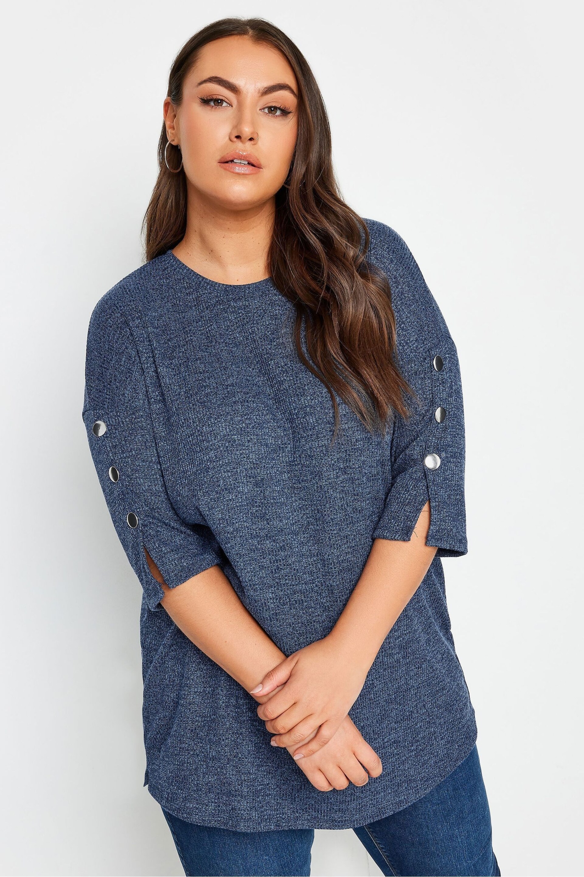 Yours Curve Mid Blue Batwing Sleeve Soft Touch Jumper - Image 1 of 4