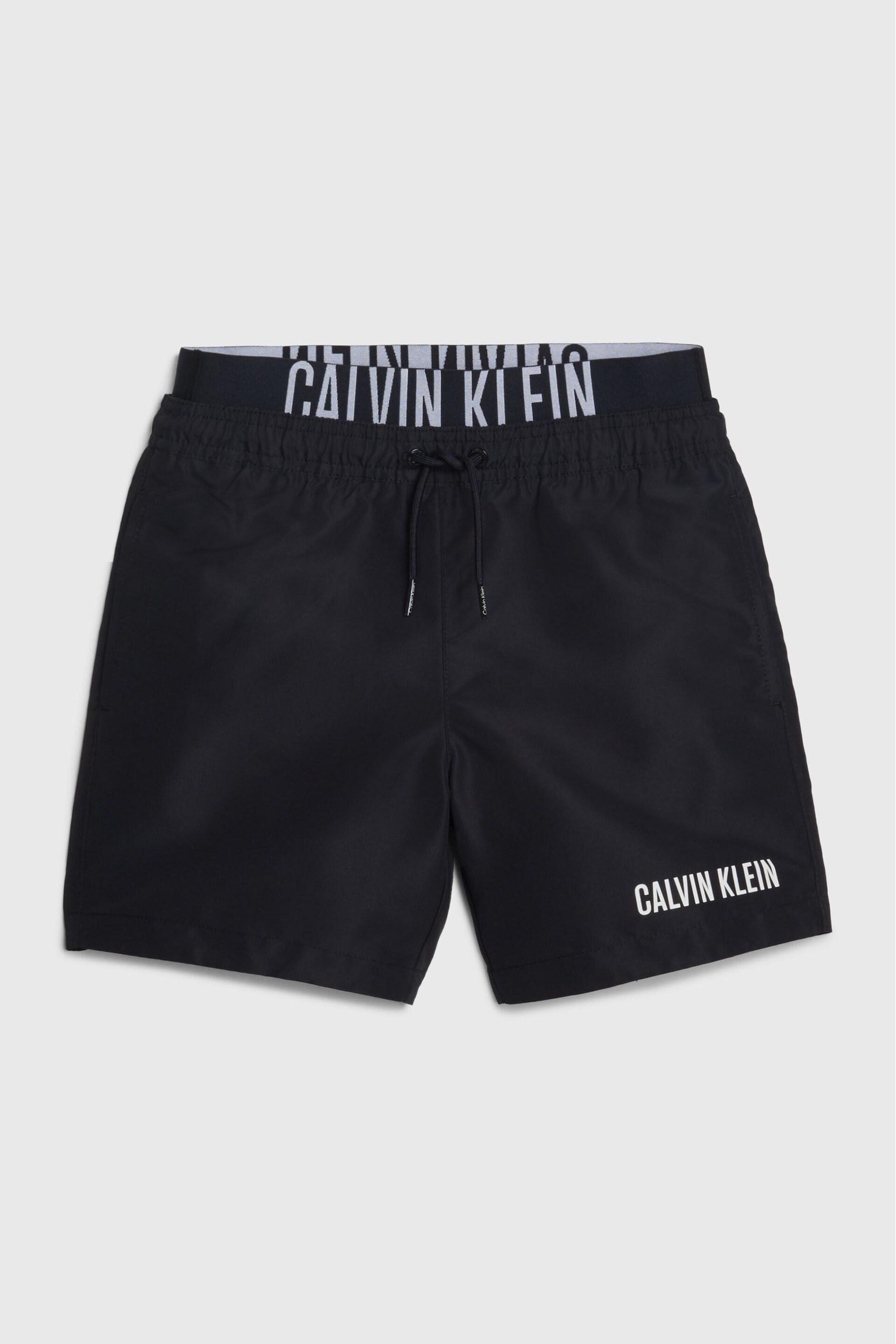 Calvin Klein Black Slogan Waistband Swim Shorts - Image 1 of 2