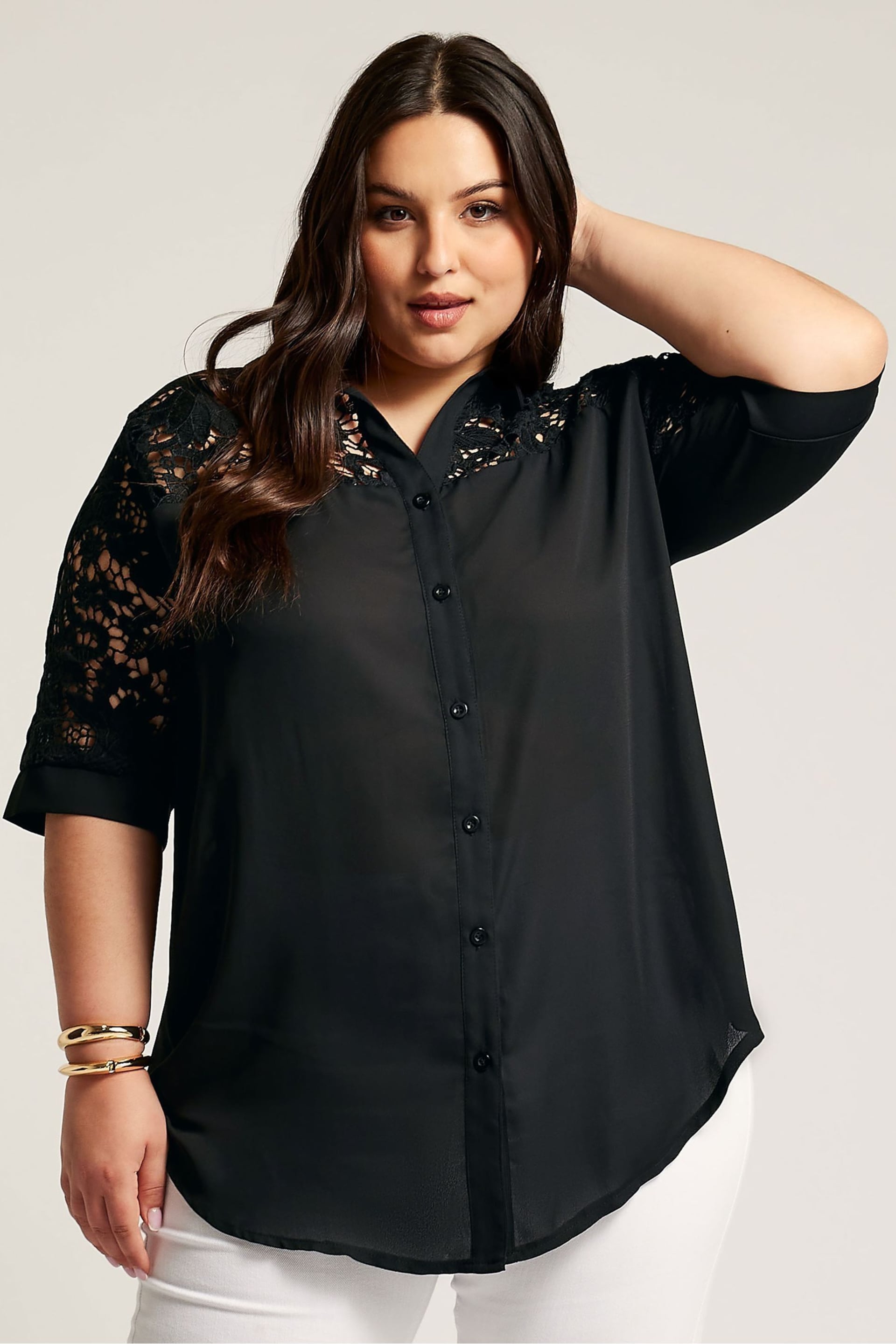 YOURS LONDON Curve Black Lace Sleeve Shirt - Image 1 of 2
