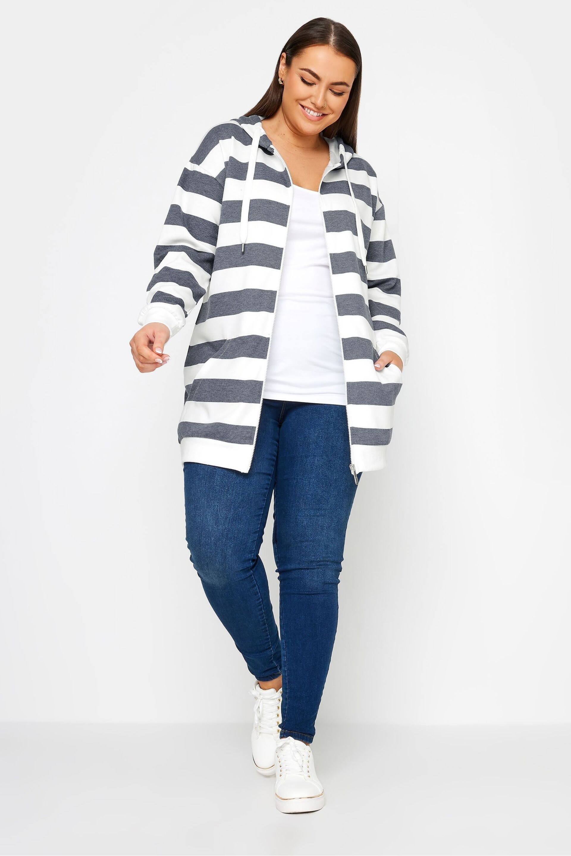 Yours Curve Blue Stripe Zip Through Hoodie - Image 2 of 4