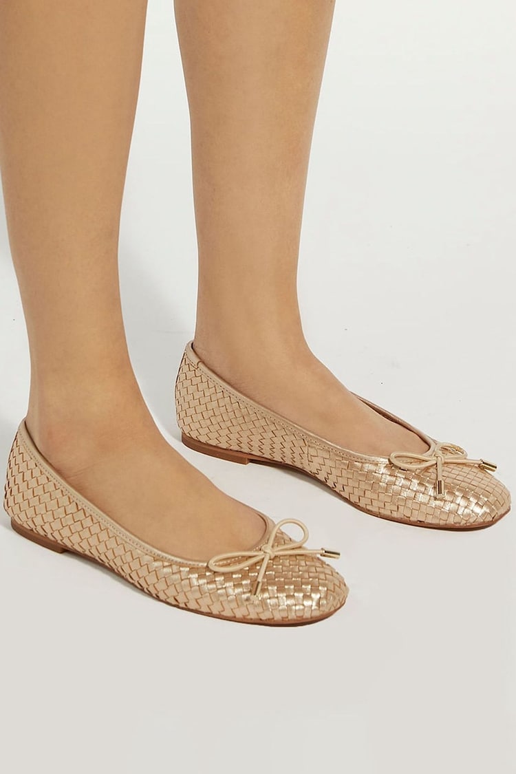 Dune London Gold Heights Flexible Sole Woven Ballerina Flat Shoes - Image 1 of 6