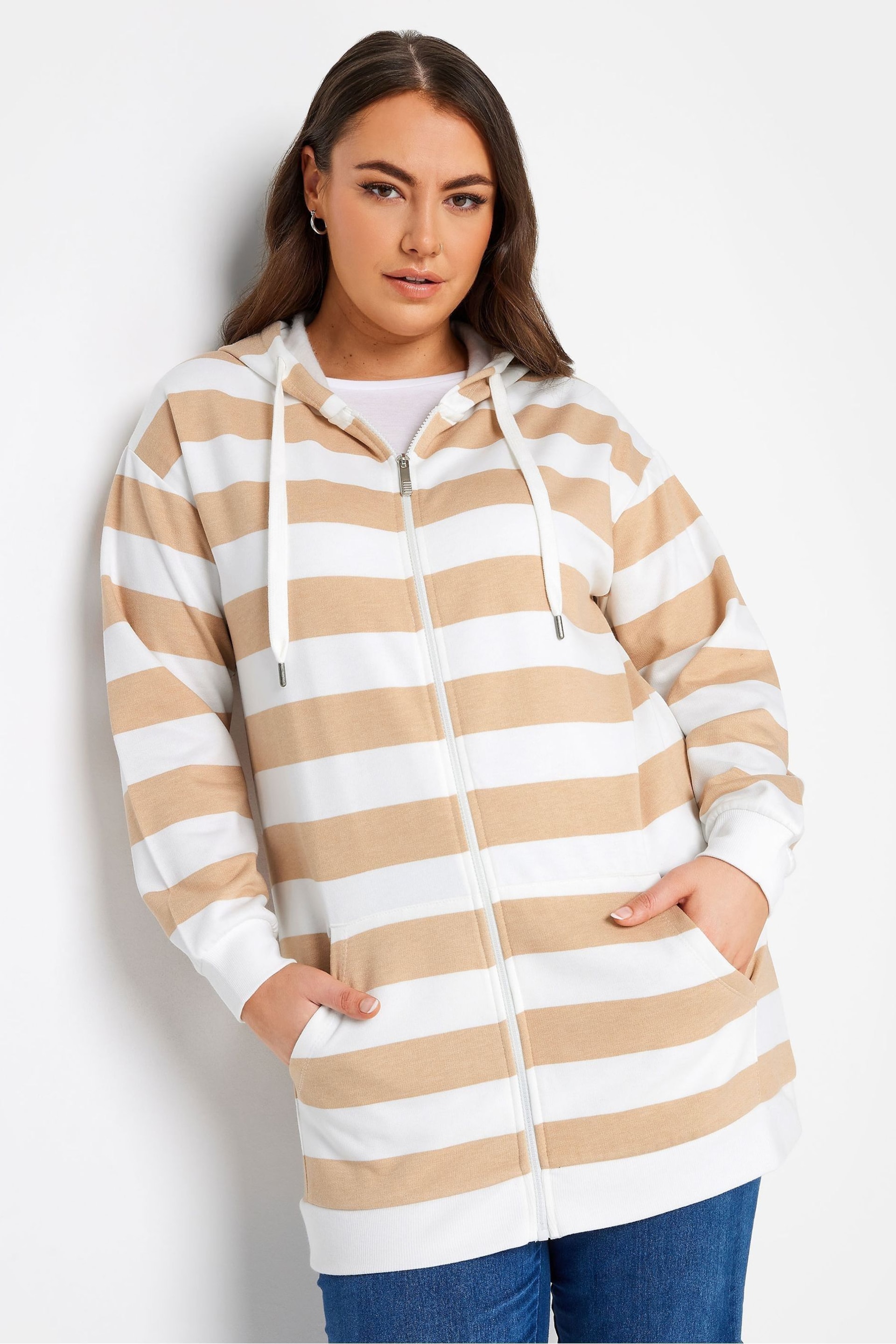 Yours Curve Cream Stripe Zip Through Hoodie - Image 1 of 4