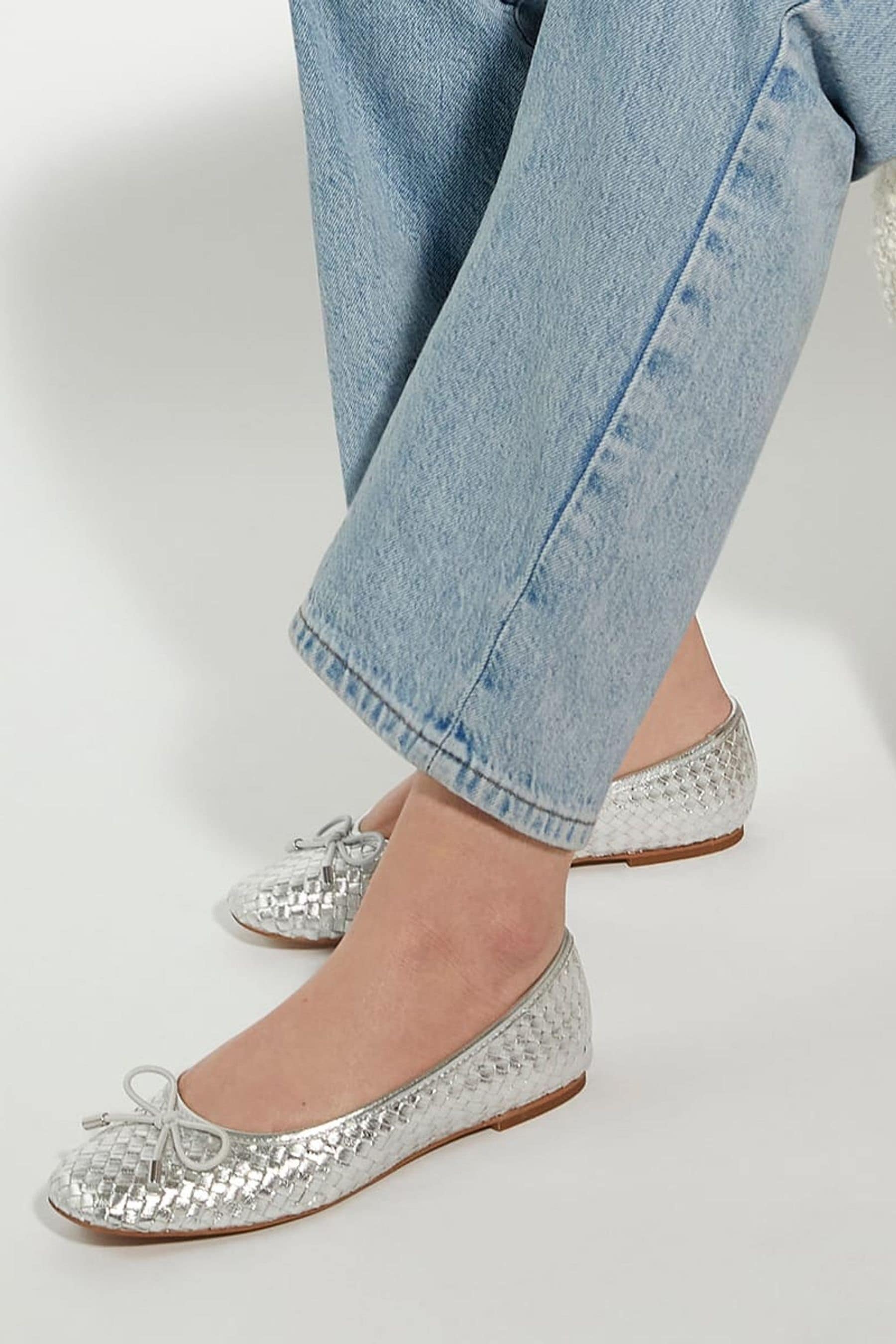 Dune London Silver Heights Flexible Sole Woven Ballerina Flat Shoes