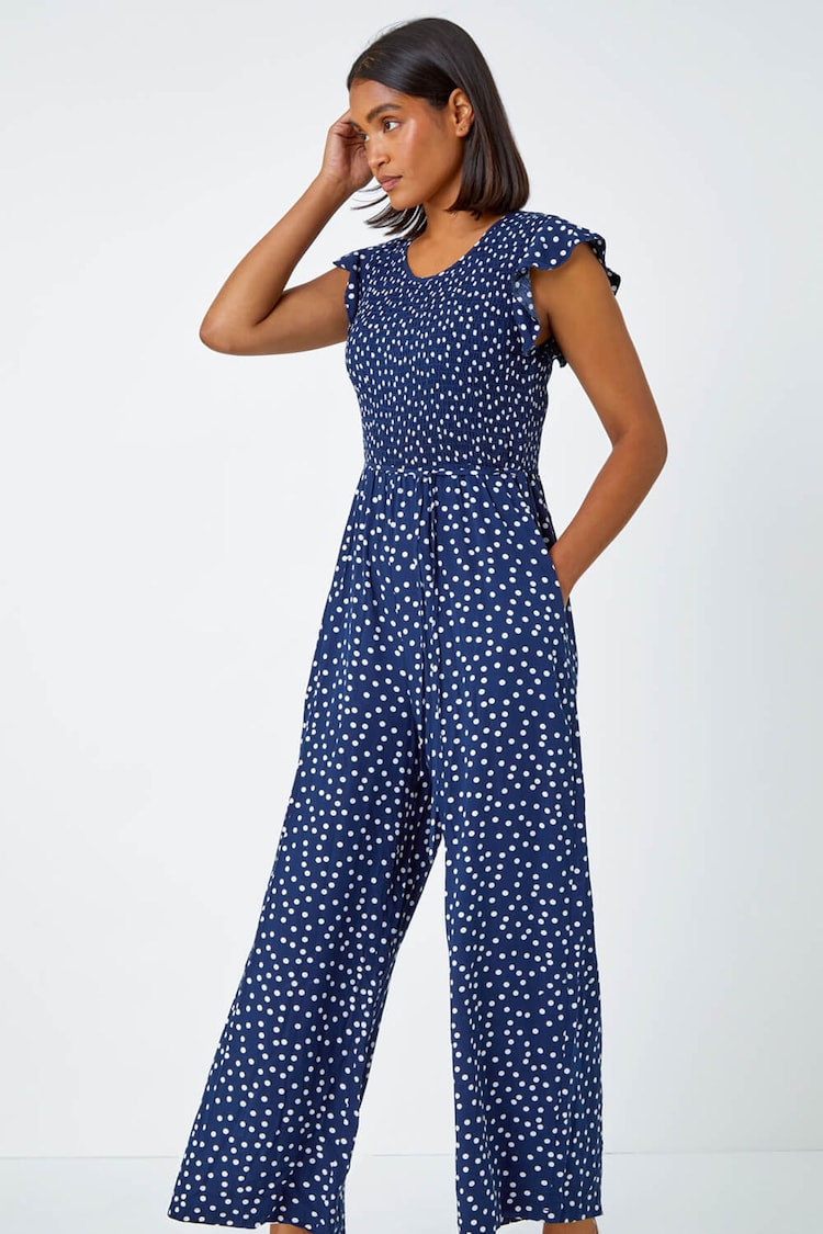 Roman Blue Polka Dot Shirred Jumpsuit - Image 2 of 5