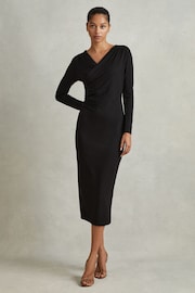 Reiss Black Dionne Jersey Wrap Front Midi Dress - Image 4 of 5