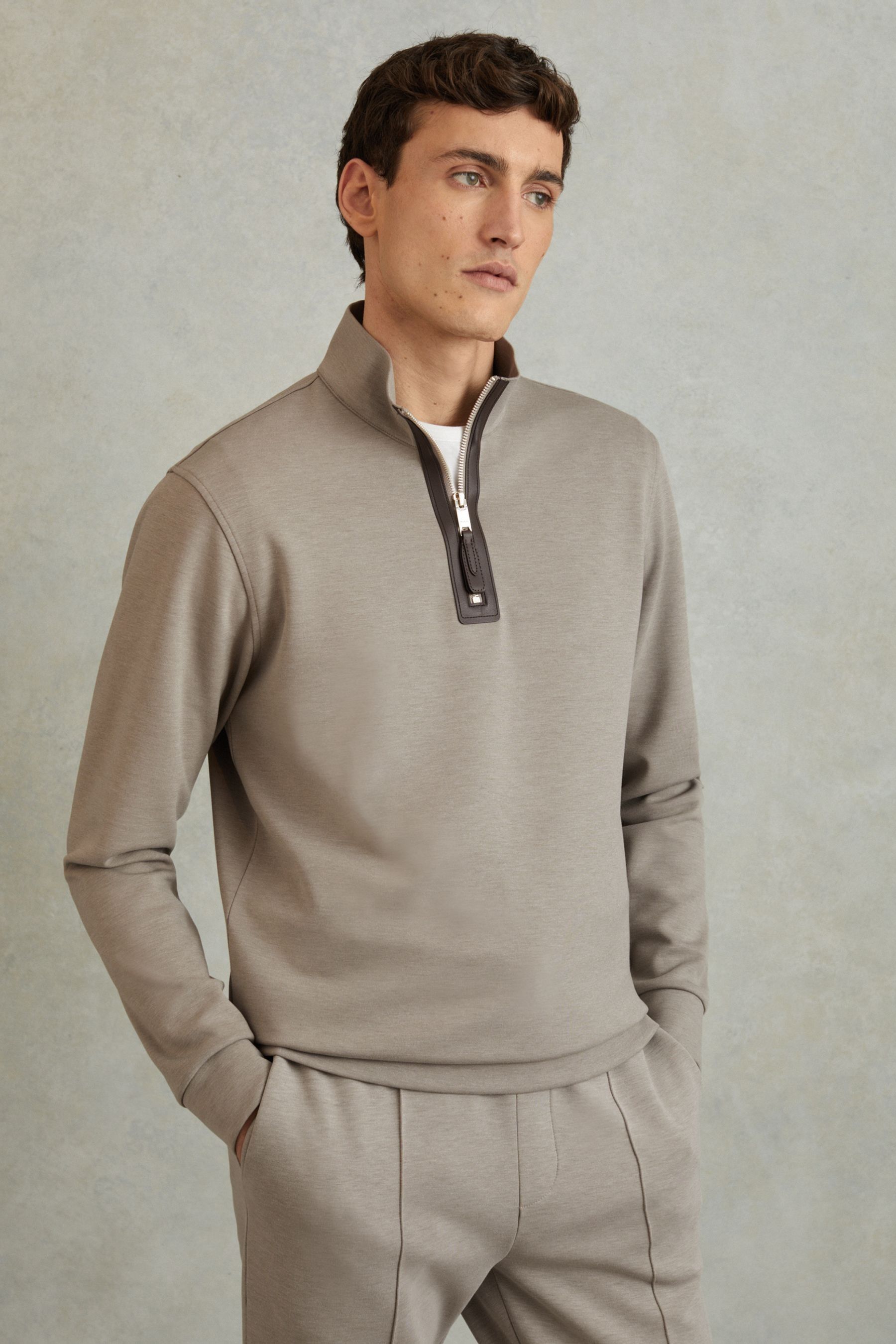 Buy Reiss Taupe Hale Contrast Half Zip Funnel Neck Jumper from the Next UK online shop
