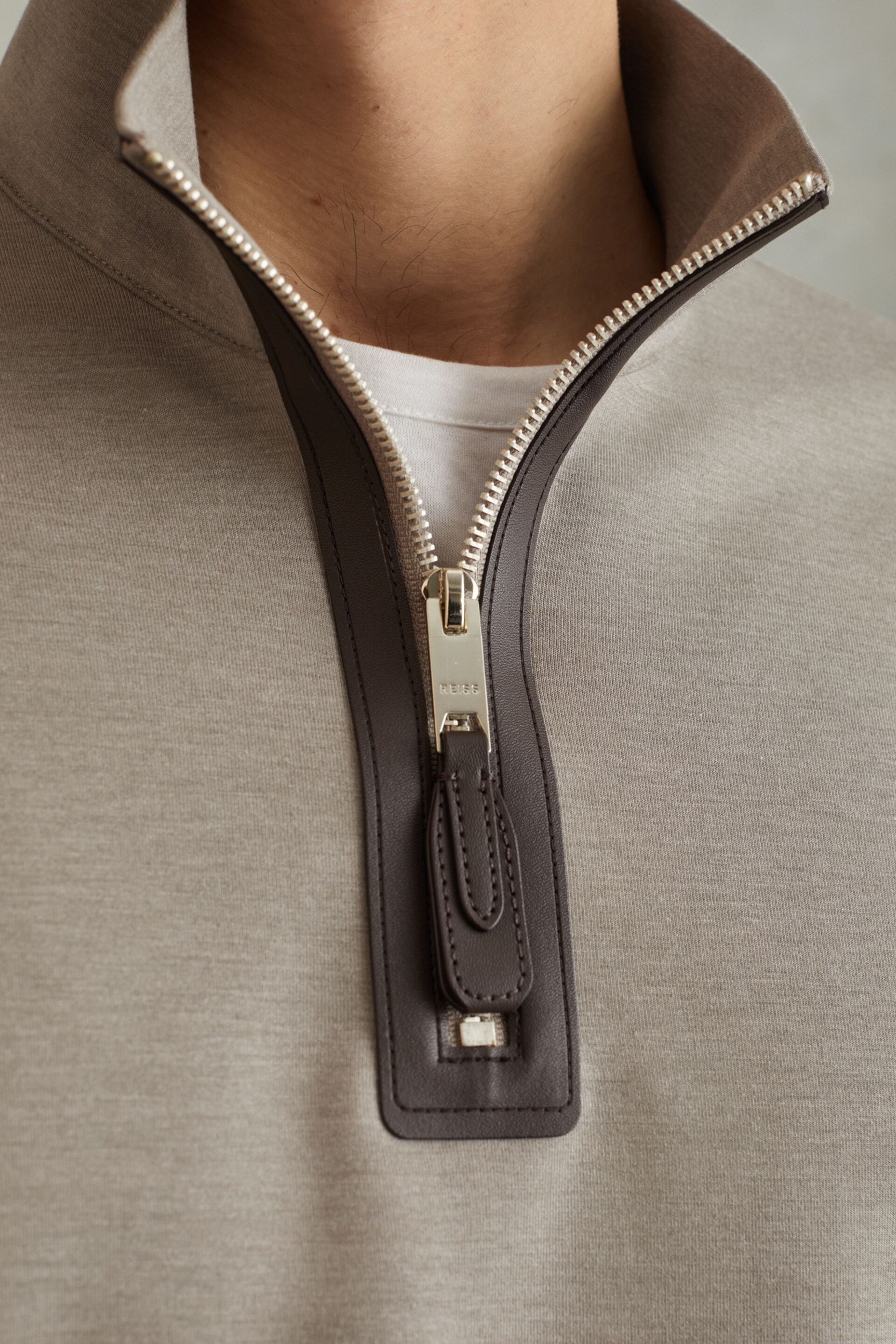 Reiss Taupe Hale Contrast Half-Zip Funnel Neck Jumper - Image 3 of 5