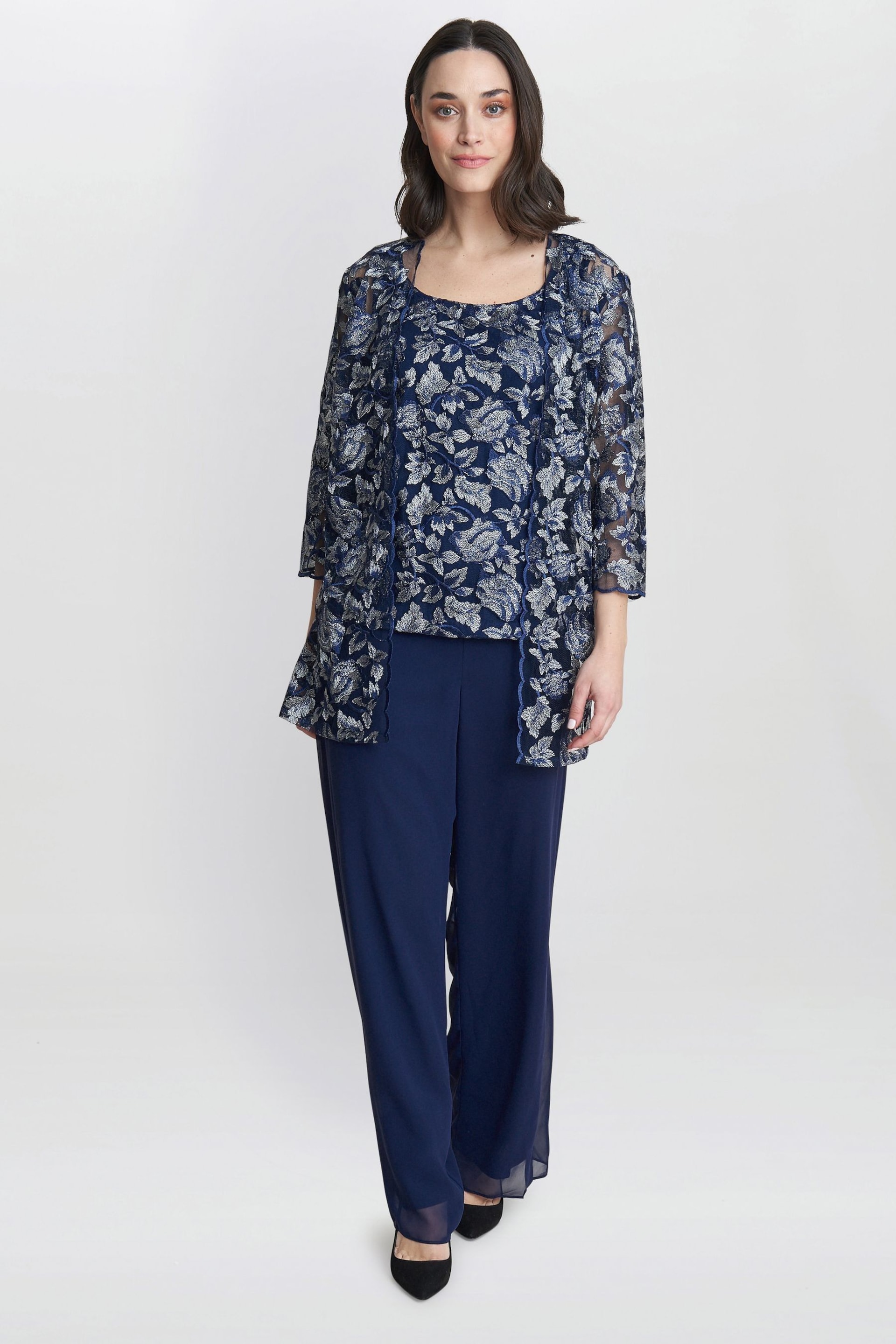 Gina Bacconi Blue Nikki 3 Piece Trousers Suit: With Embroidered Tank Top And Elongated Jacket - Image 3 of 6