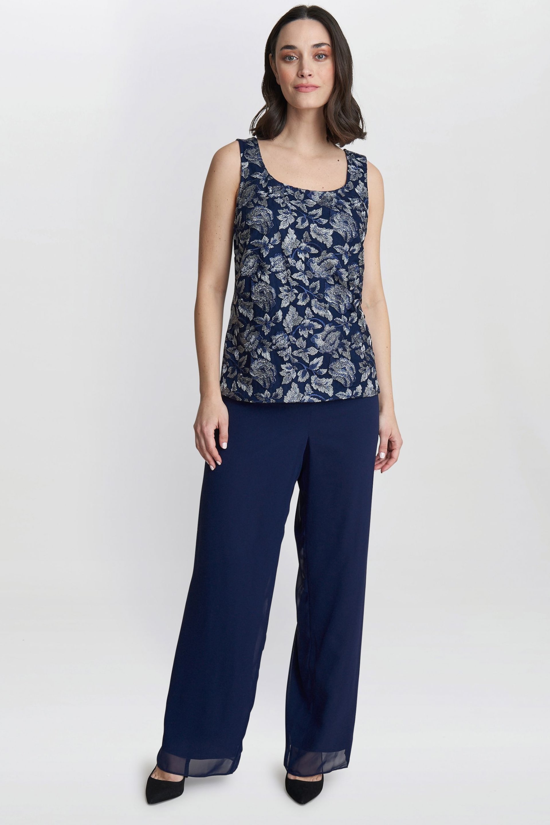 Gina Bacconi Blue Nikki 3 Piece Trousers Suit: With Embroidered Tank Top And Elongated Jacket - Image 4 of 6