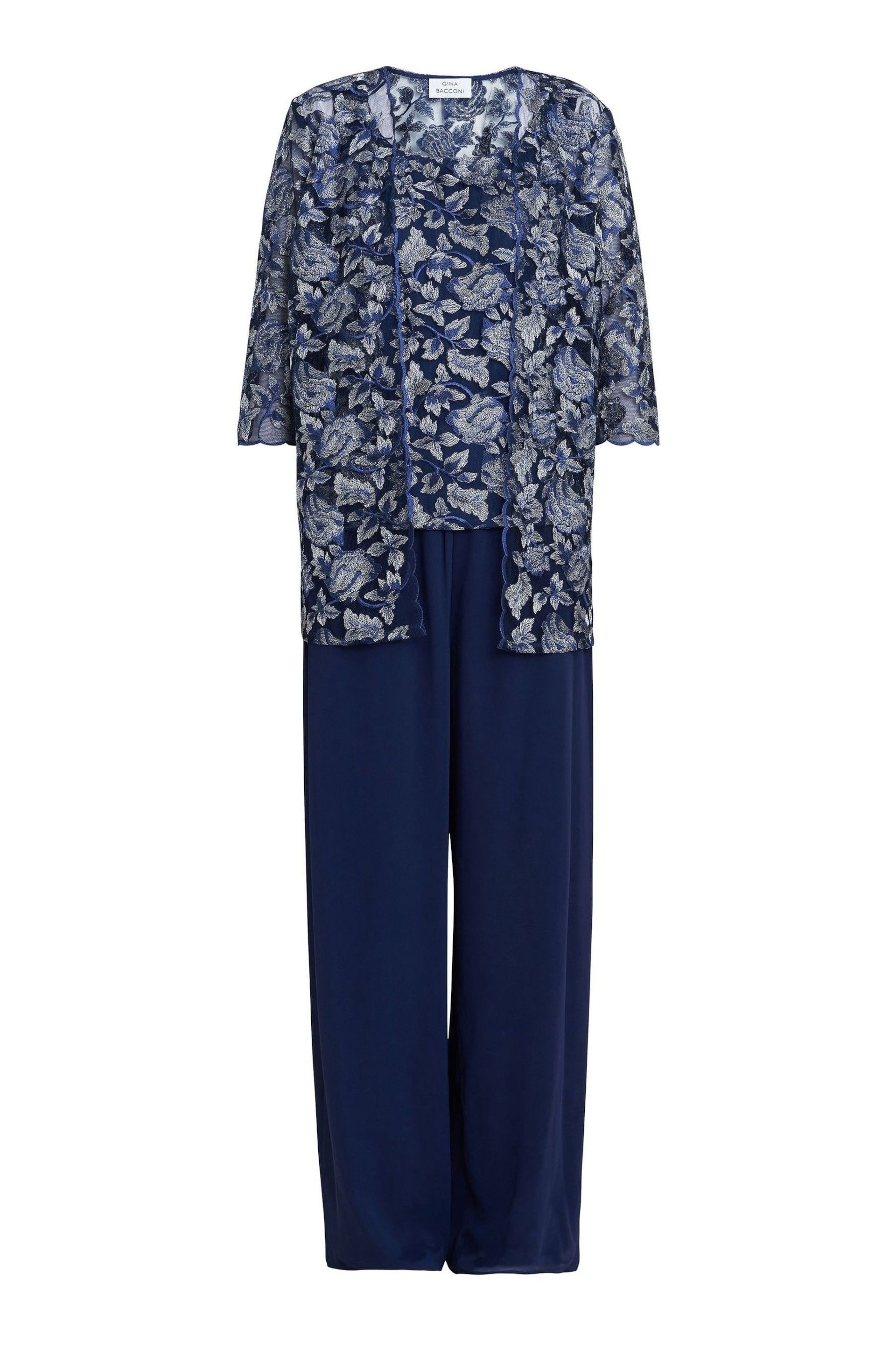 Gina Bacconi Blue Nikki 3 Piece Trousers Suit: With Embroidered Tank Top And Elongated Jacket - Image 6 of 6