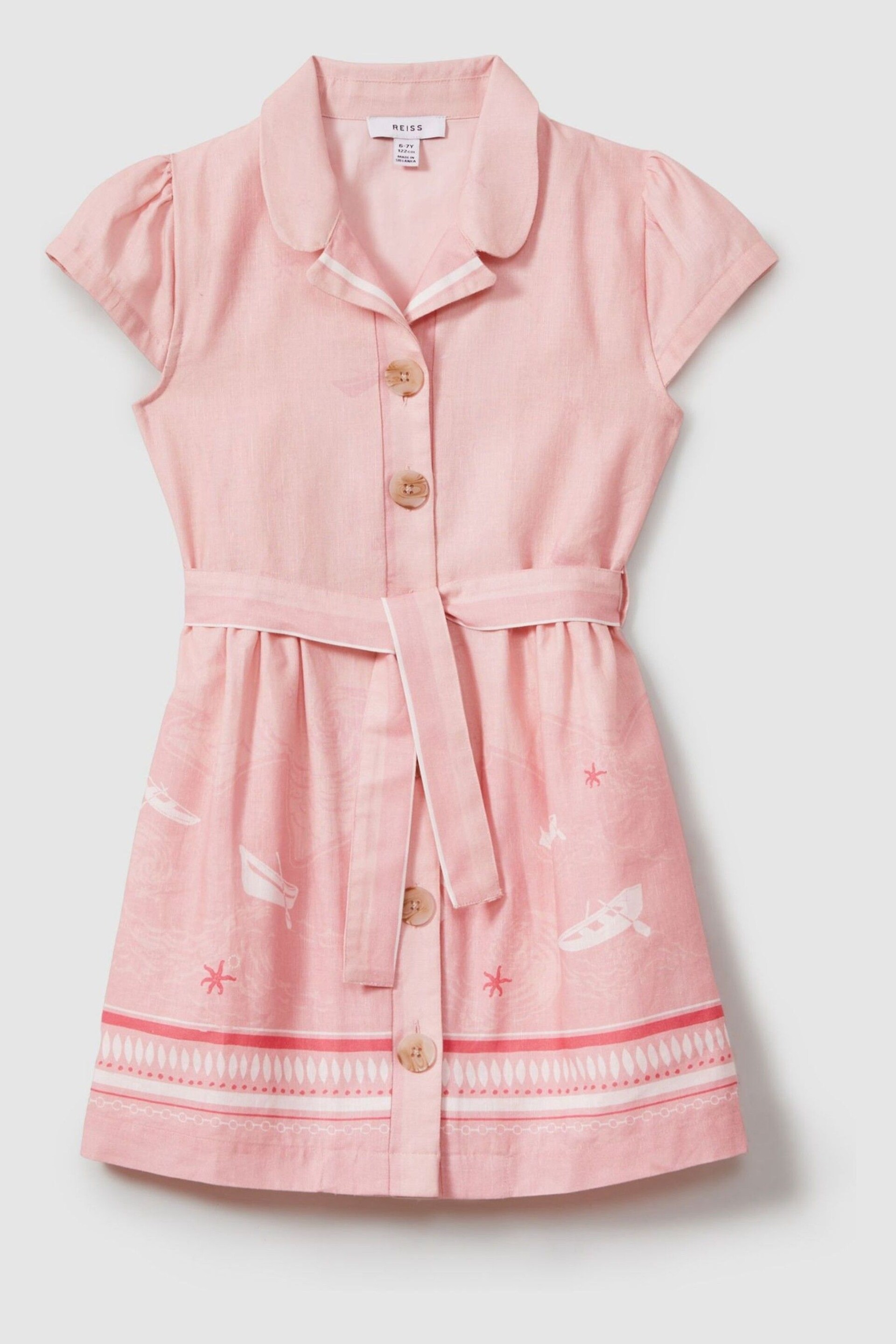 Reiss Pink Print Eliza Teen Cotton Linen Capped Sleeve Belted Dress - Image 1 of 4