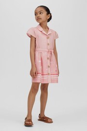 Reiss Pink Print Eliza Teen Cotton Linen Capped Sleeve Belted Dress - Image 2 of 4