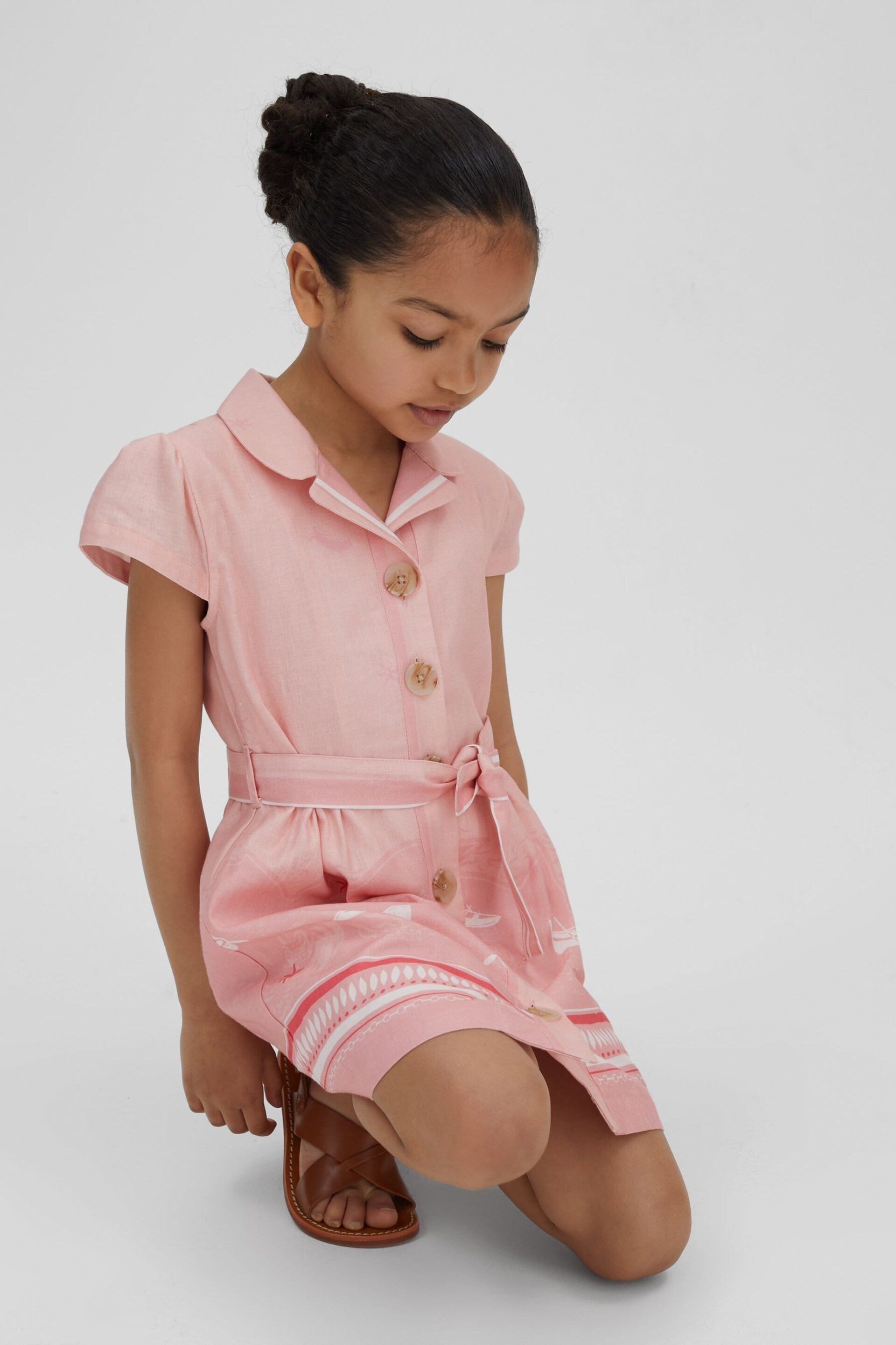 Reiss Pink Print Eliza Teen Cotton Linen Capped Sleeve Belted Dress - Image 3 of 4