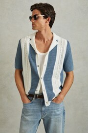 Reiss Blue/White Nicoli Crochet Striped Cuban Collar Shirt - Image 3 of 5