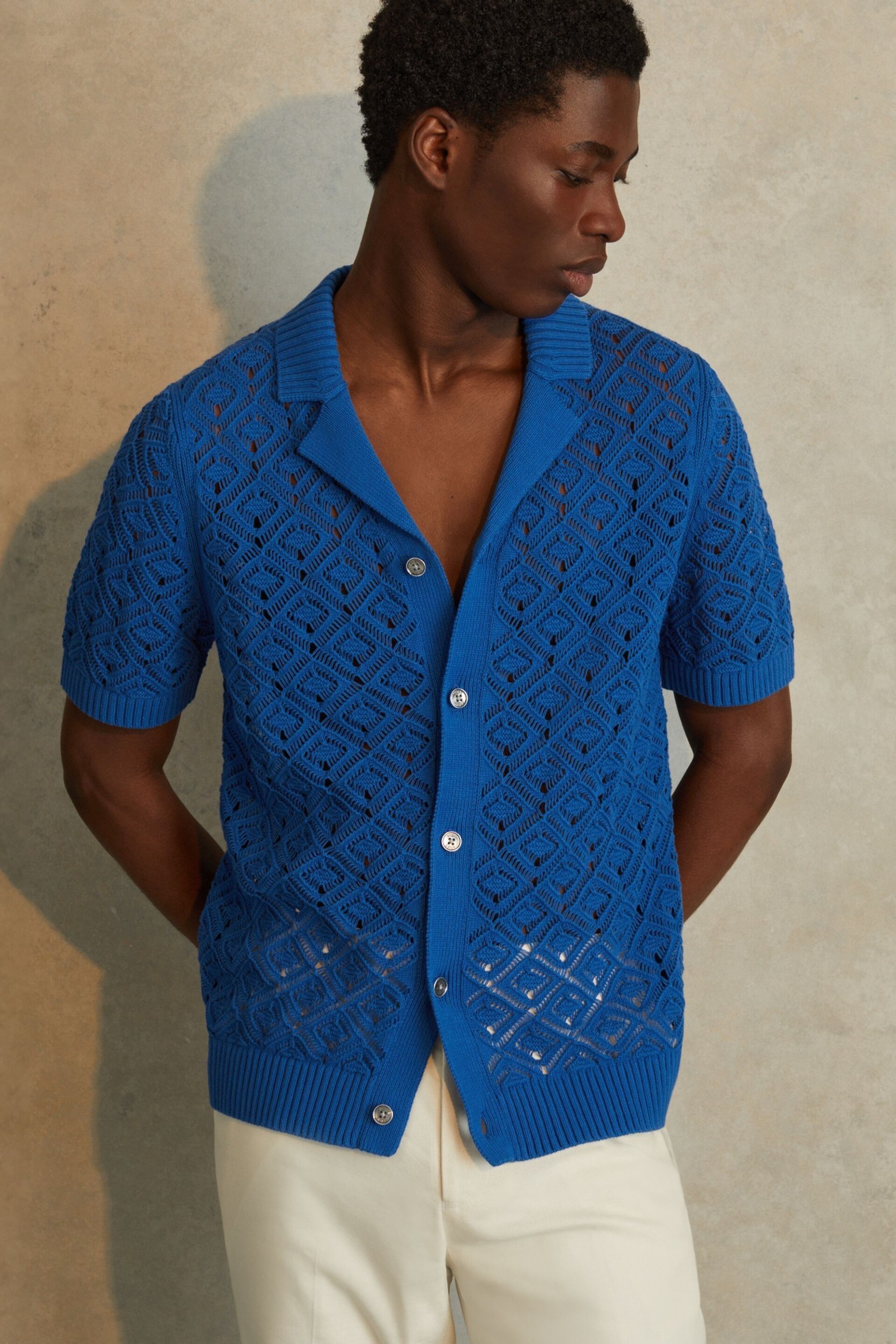 Reiss Bright Blue Corsica Crochet Cuban Collar Shirt - Image 1 of 6