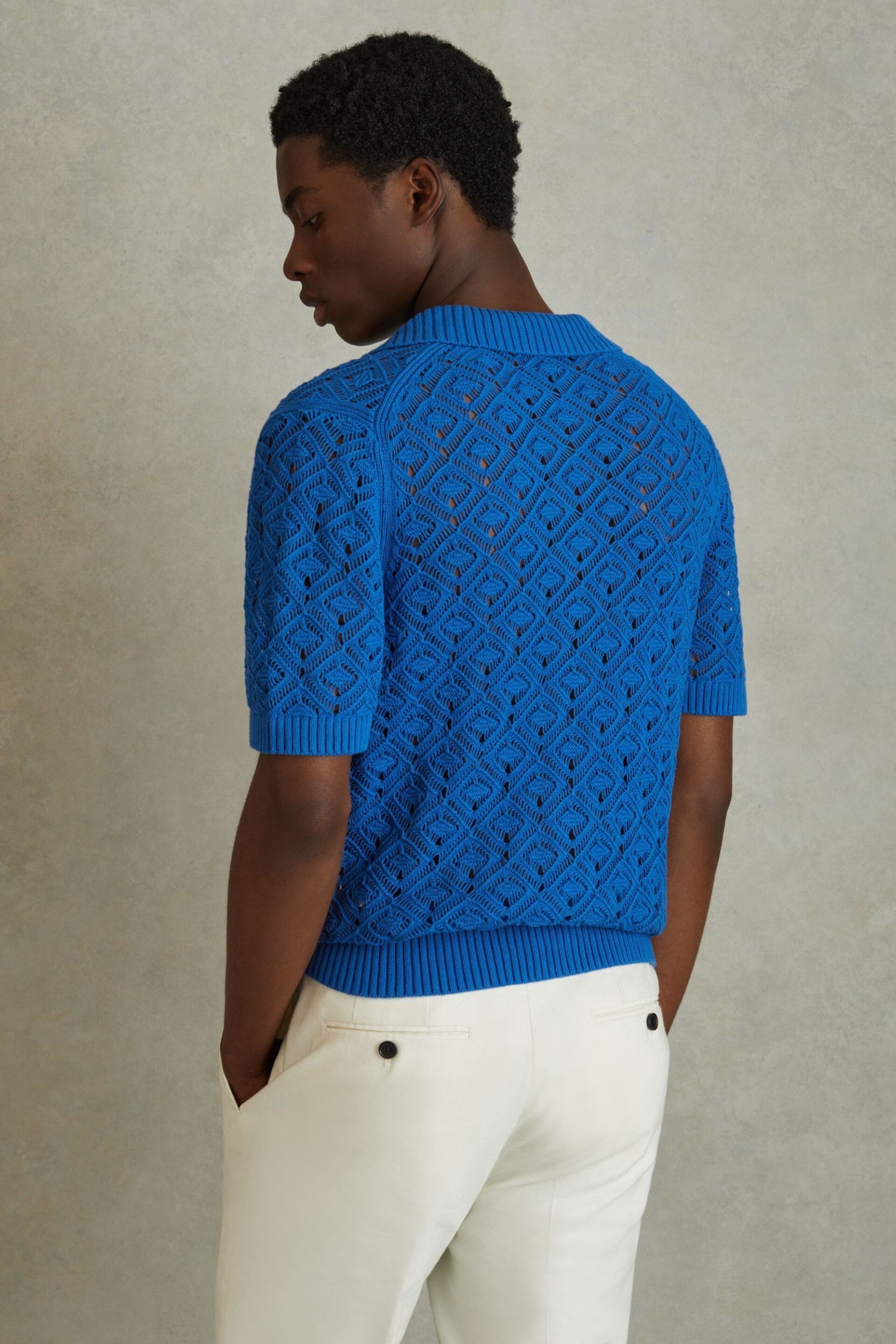 Reiss Bright Blue Corsica Crochet Cuban Collar Shirt - Image 5 of 6