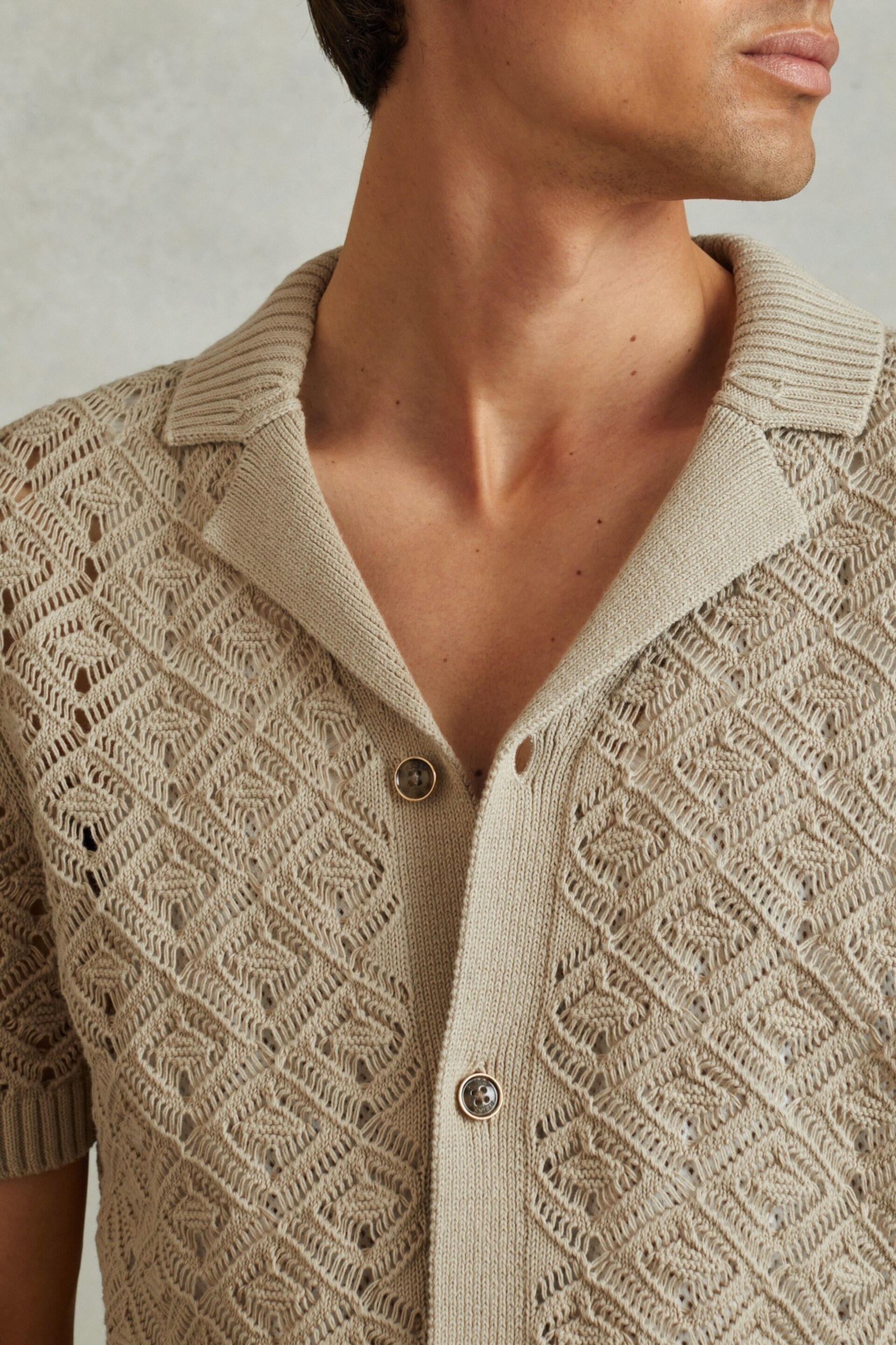 Reiss Stone Corsica Crochet Cuban Collar Shirt - Image 4 of 6