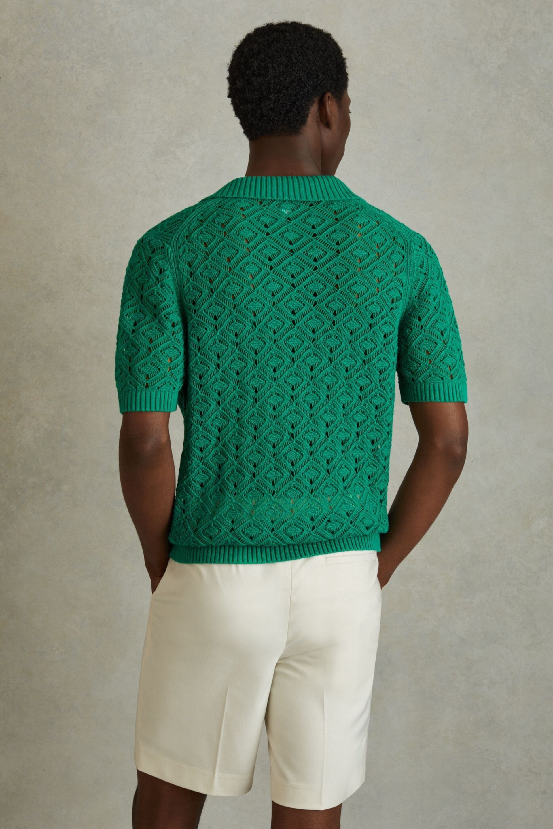 Reiss Bright Green Corsica Crochet Cuban Collar Shirt - Image 4 of 5